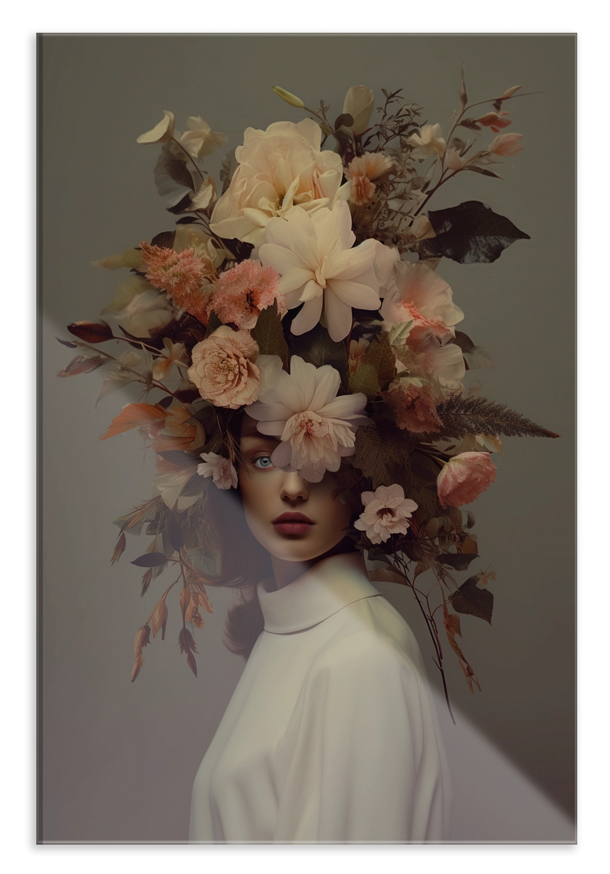 Plexiglas schilderij Bloemen Vrouw 5: vrouw met een grote kroon van lichte bloemen en bladeren.