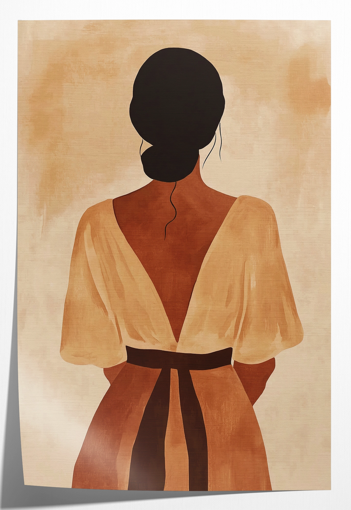 Papieren poster Celia: vrouw van achteren in een witte jurk met open rug.