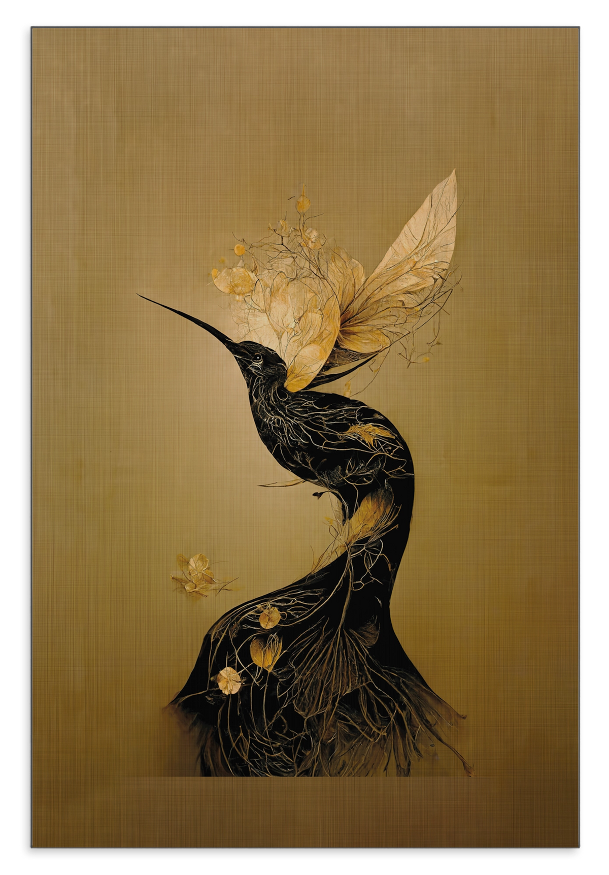 Aluminium Dibond schilderij Elegant Kolibri: gestileerde zwarte kolibri met goudkleurige bloemen.