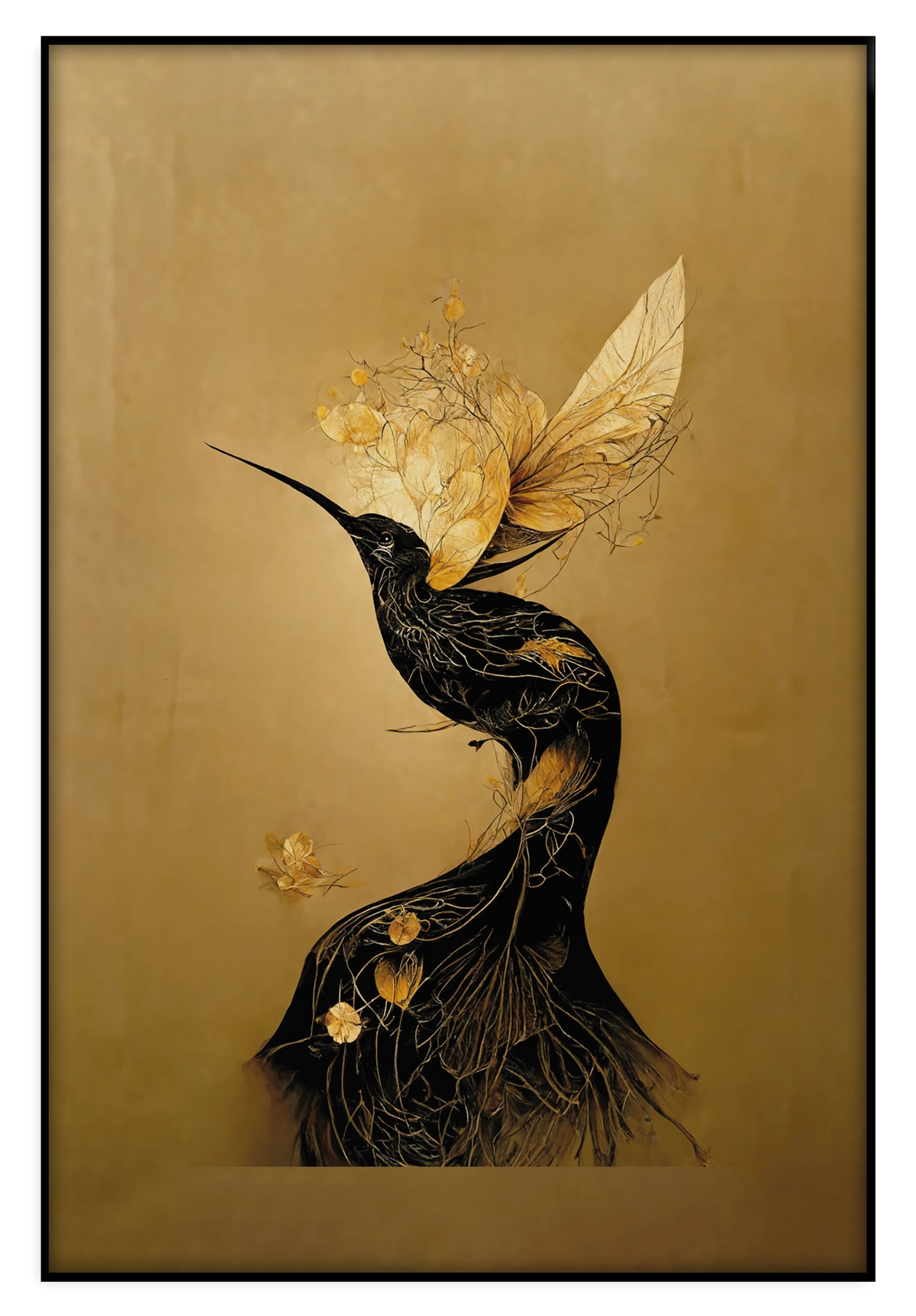 Artframe Elegant Kolibri: gestileerde zwarte kolibri met goudkleurige bloemen.