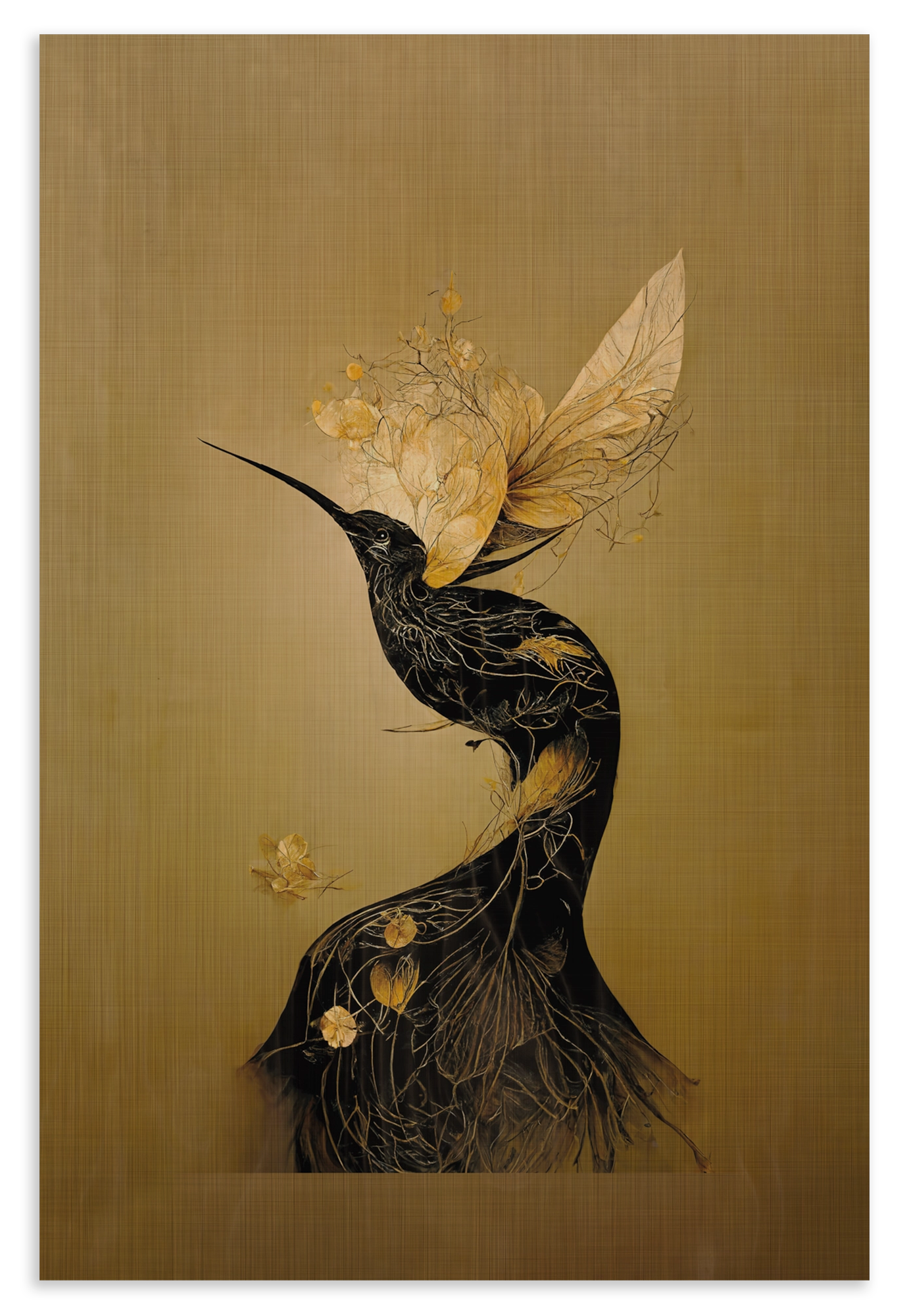Houten wanddecoratie Elegant Kolibri: gestileerde zwarte kolibri met goudkleurige bloemen.