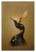 Houten wanddecoratie Elegant Kolibri: gestileerde zwarte kolibri met goudkleurige bloemen.