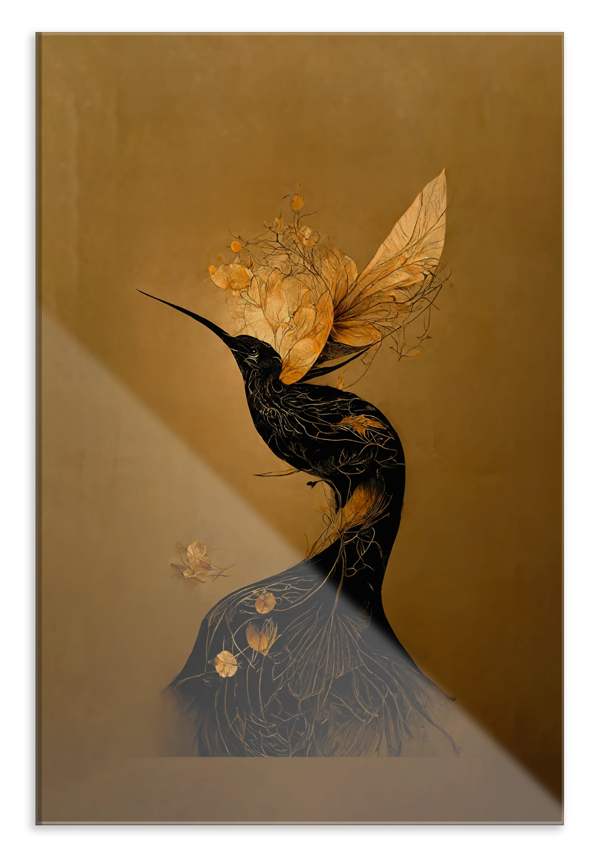 Plexiglas schilderij Elegant Kolibri: gestileerde zwarte kolibri met goudkleurige bloemen.