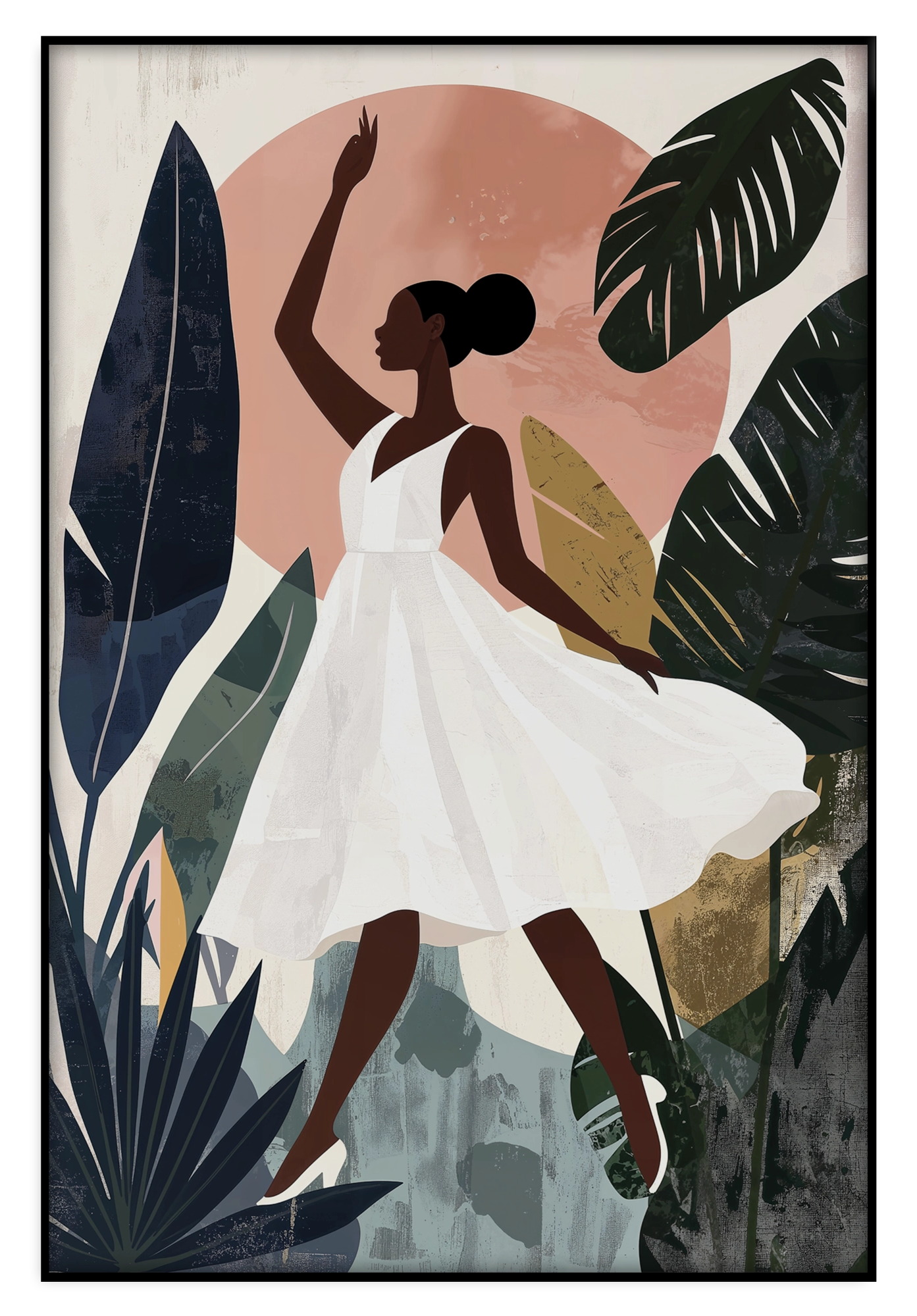 Artframe Emma: vrouw in witte jurk tussen grote tropische bladeren.
