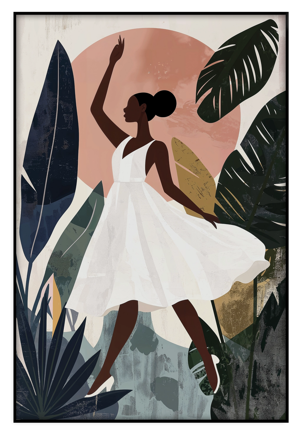 Artframe Emma: vrouw in witte jurk tussen grote tropische bladeren.