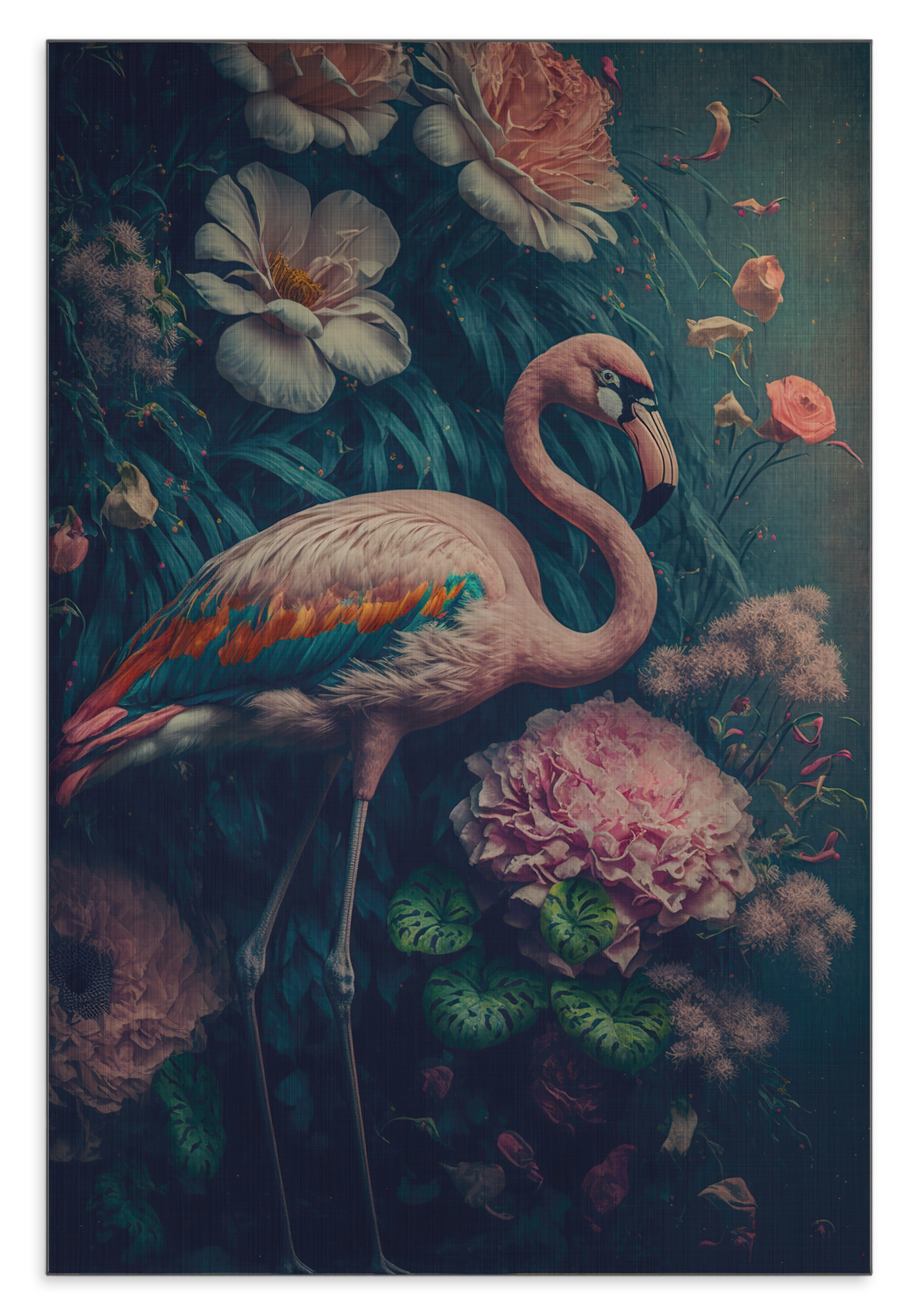 Aluminium Dibond schilderij Flamingo 1: roze flamingo tussen kleurrijke bloemen tegen een donkere achtergrond.