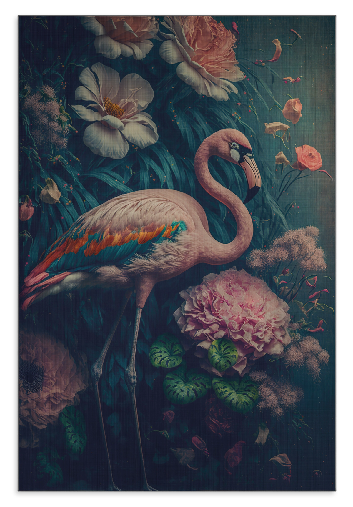 Aluminium Dibond schilderij Flamingo 1: roze flamingo tussen kleurrijke bloemen tegen een donkere achtergrond.
