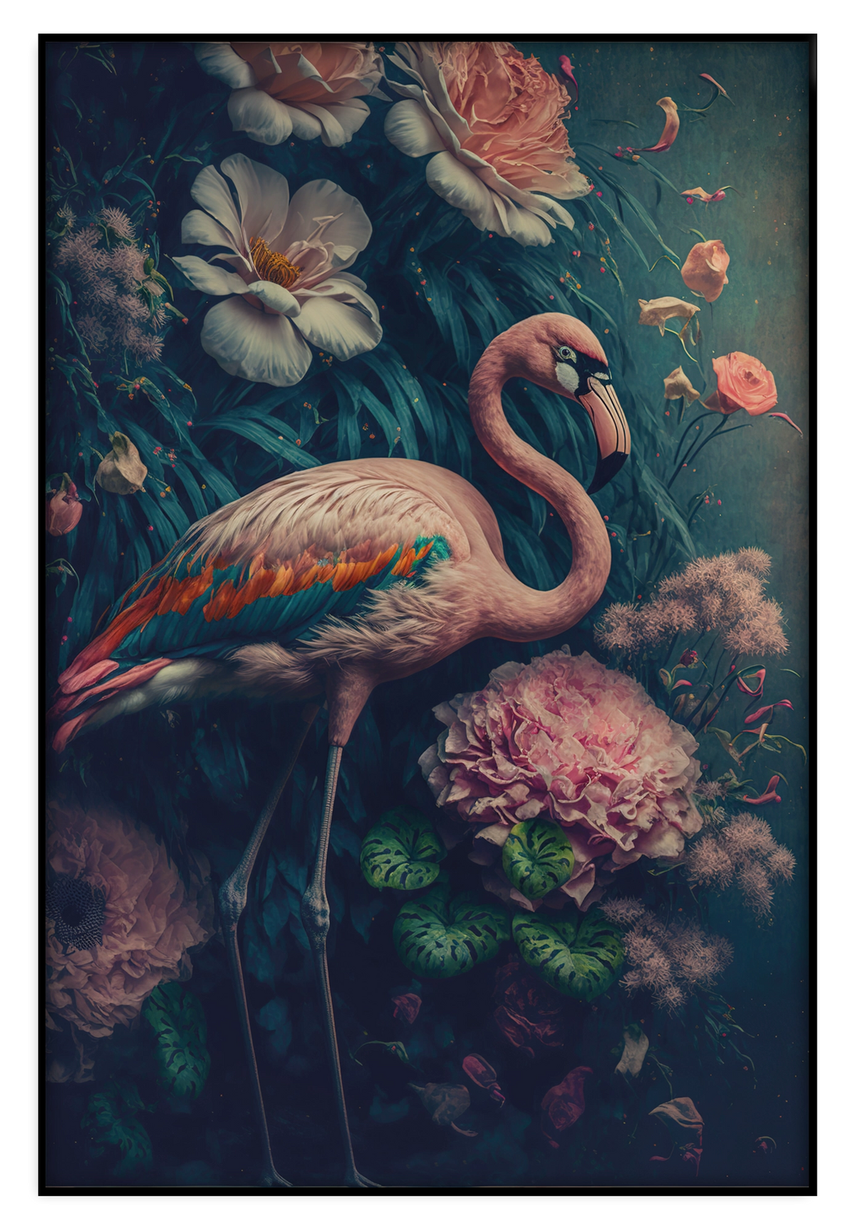 Artframe Flamingo 1: roze flamingo tussen kleurrijke bloemen tegen een donkere achtergrond.