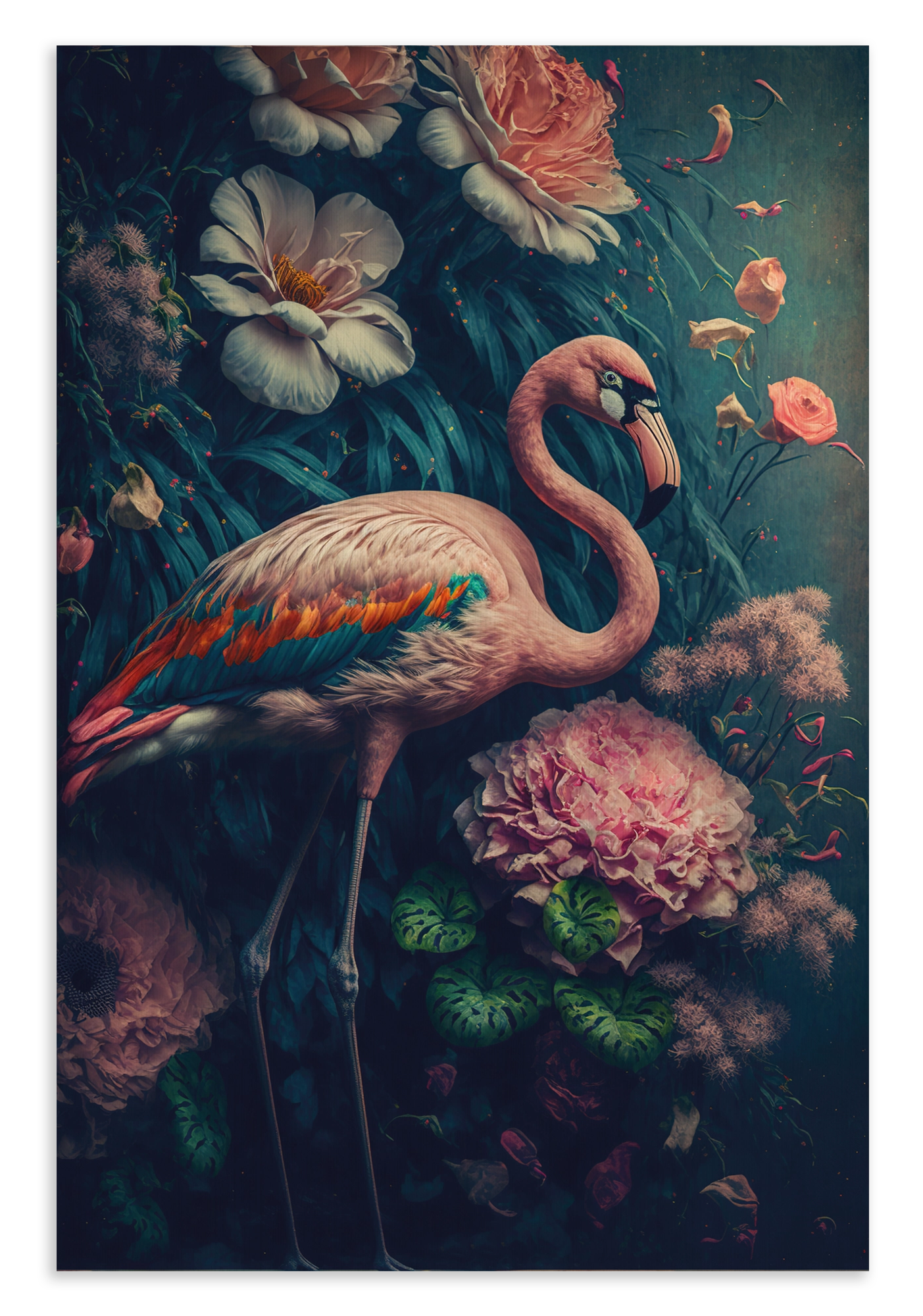 Canvas schilderij Flamingo 1: roze flamingo tussen kleurrijke bloemen tegen een donkere achtergrond.
