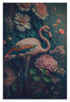 Houten wanddecoratie Flamingo 1: roze flamingo tussen kleurrijke bloemen tegen een donkere achtergrond.