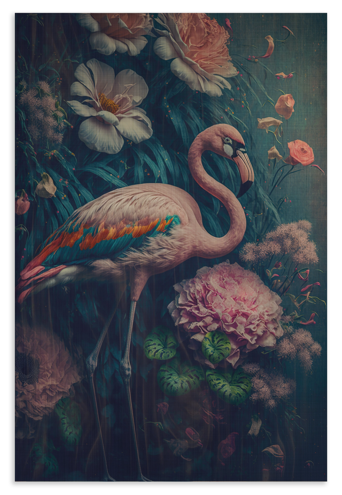 Houten wanddecoratie Flamingo 1: roze flamingo tussen kleurrijke bloemen tegen een donkere achtergrond.
