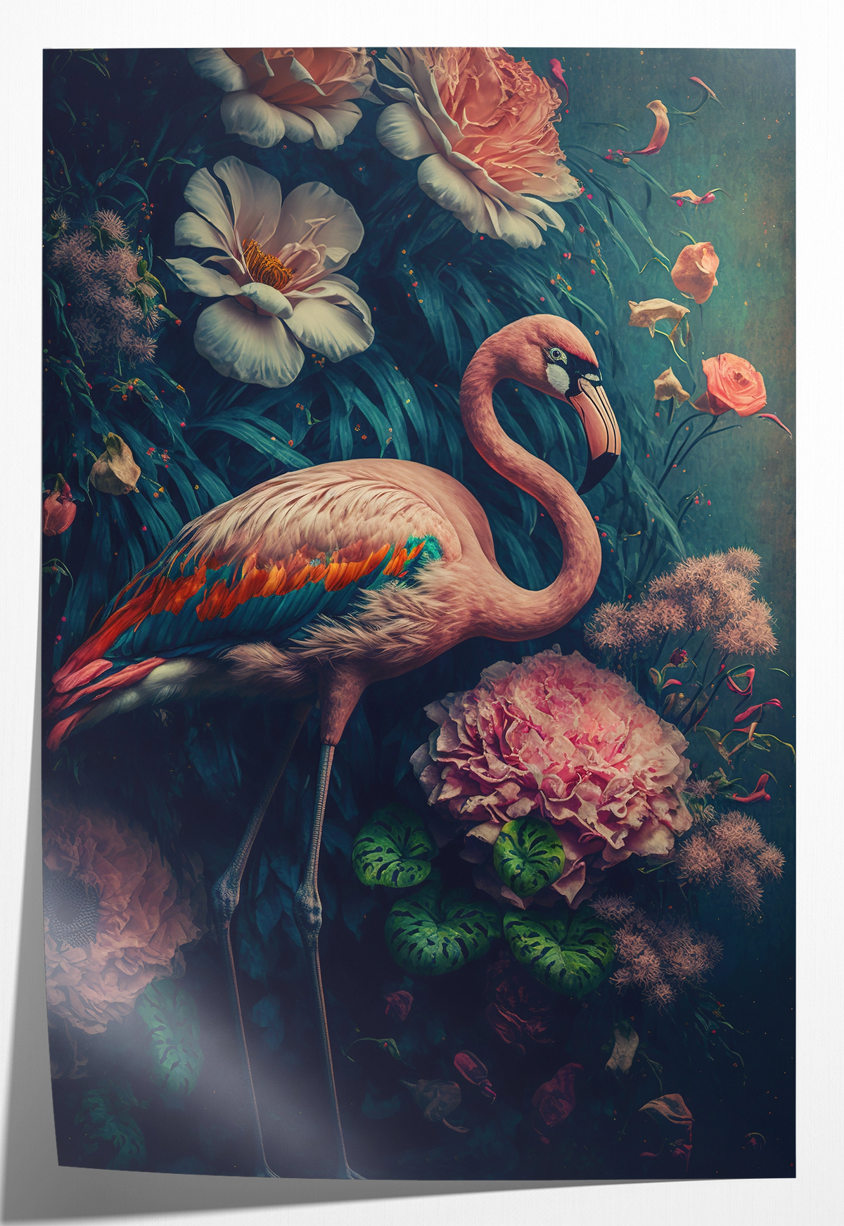 Papieren poster Flamingo 1: roze flamingo tussen kleurrijke bloemen tegen een donkere achtergrond.