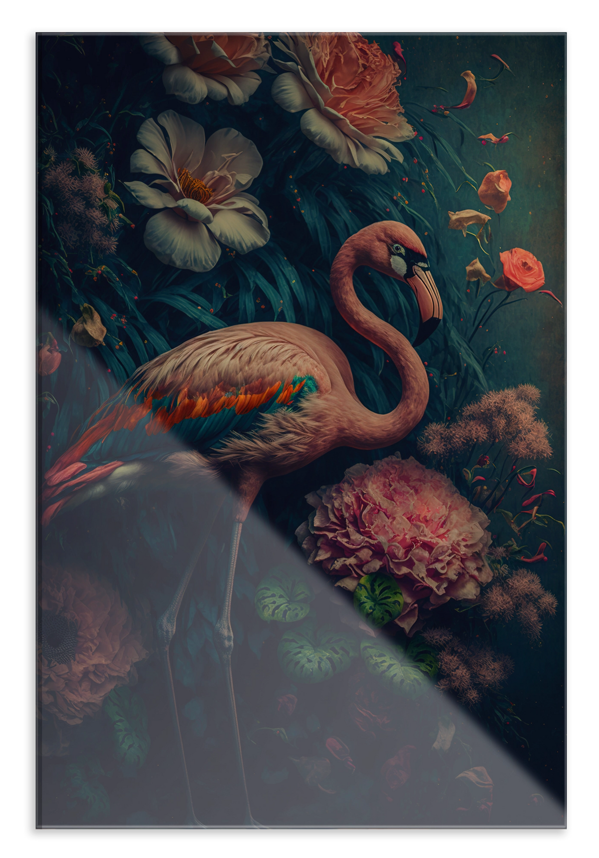 Plexiglas schilderij Flamingo 1: roze flamingo tussen kleurrijke bloemen tegen een donkere achtergrond.