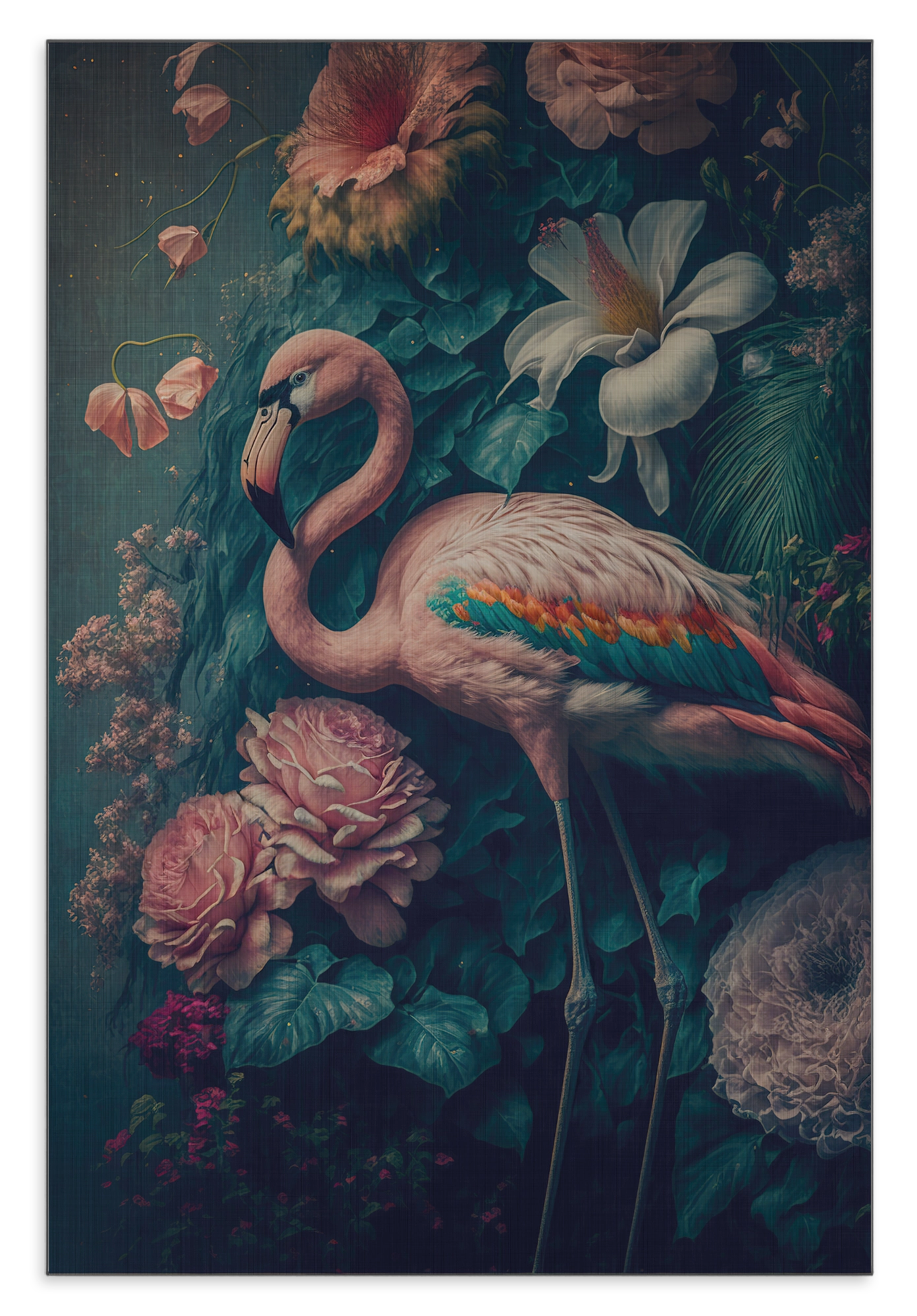 Aluminium Dibond schilderij Flamingo 2: roze flamingo met gekromde hals tussen bloemen en vlinders.