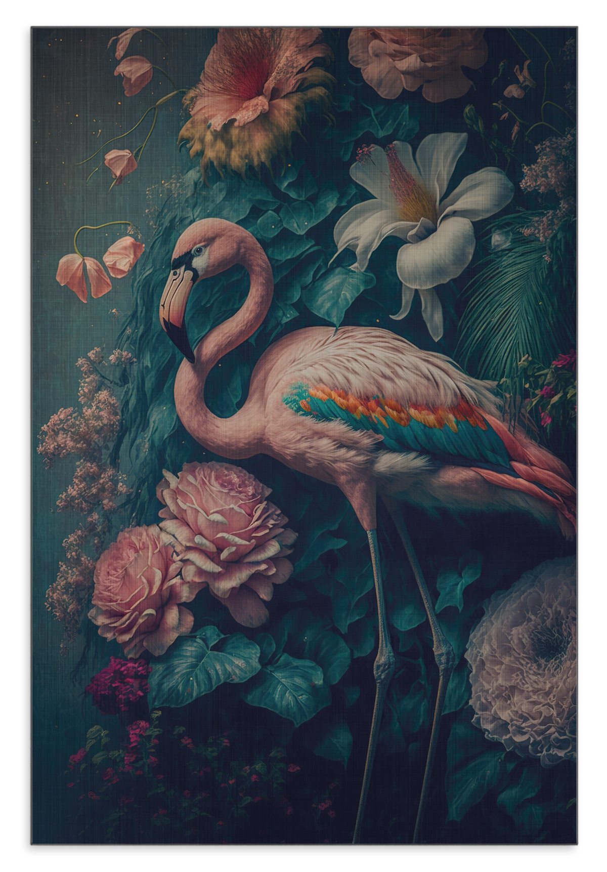 Aluminium Dibond schilderij Flamingo 2: roze flamingo met gekromde hals tussen bloemen en vlinders.