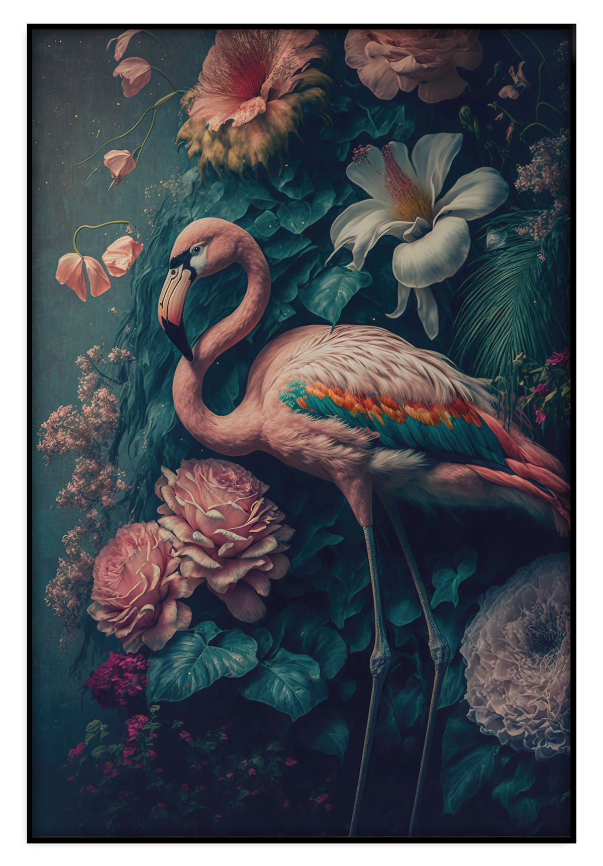Artframe Flamingo 2: roze flamingo met gekromde hals tussen bloemen en vlinders.