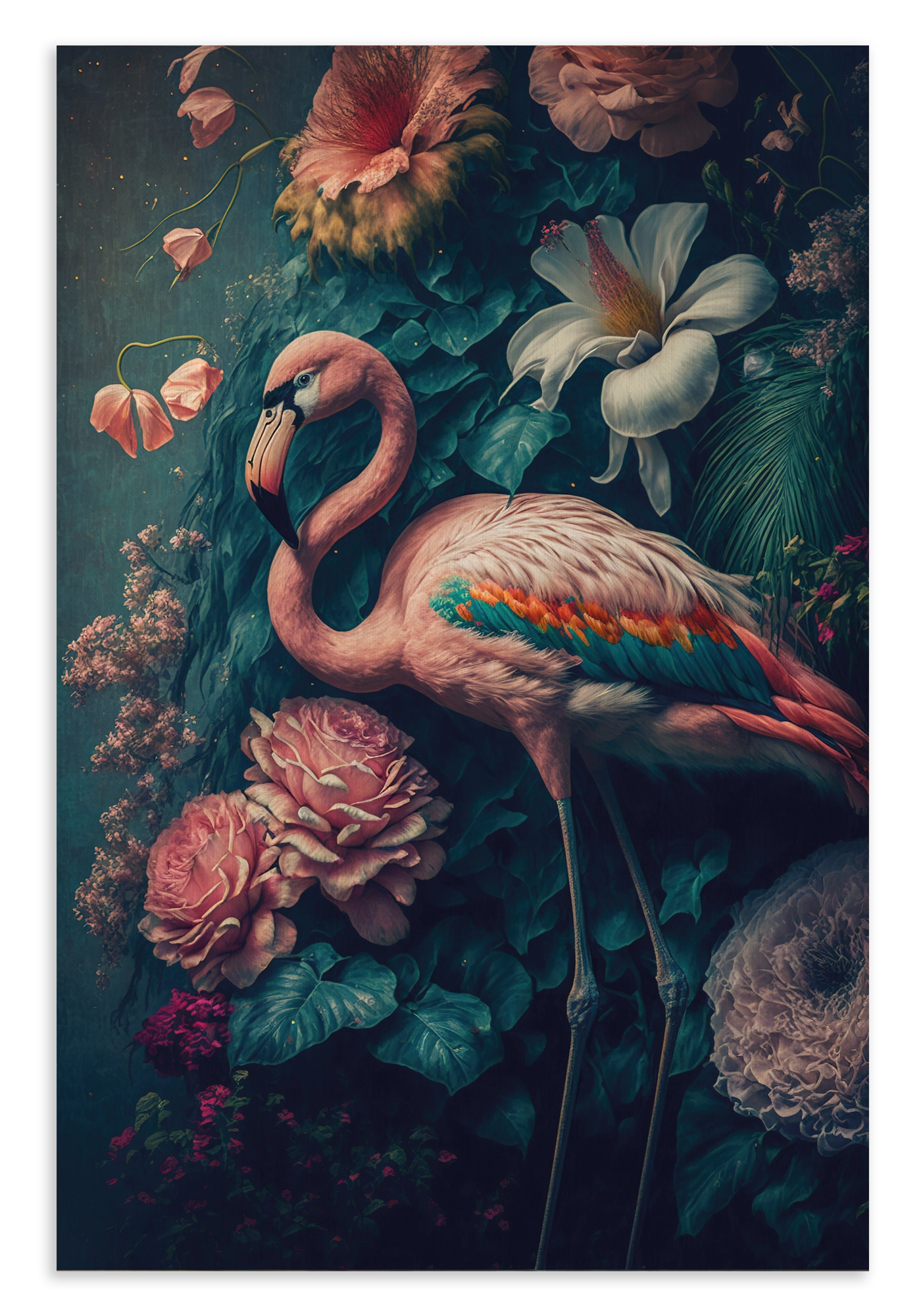 Canvas schilderij Flamingo 2: roze flamingo met gekromde hals tussen bloemen en vlinders.