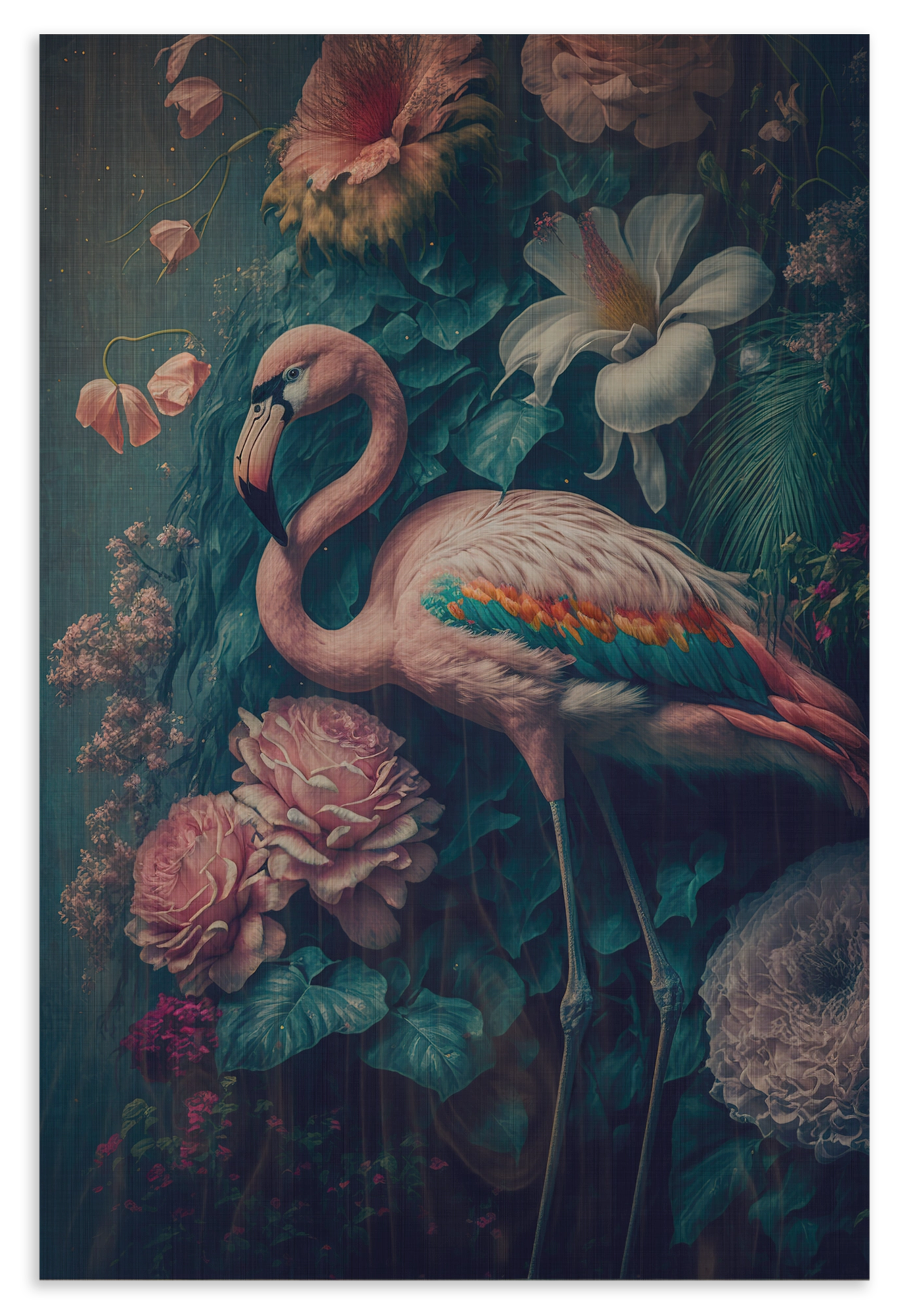 Houten wanddecoratie Flamingo 2: roze flamingo met gekromde hals tussen bloemen en vlinders.