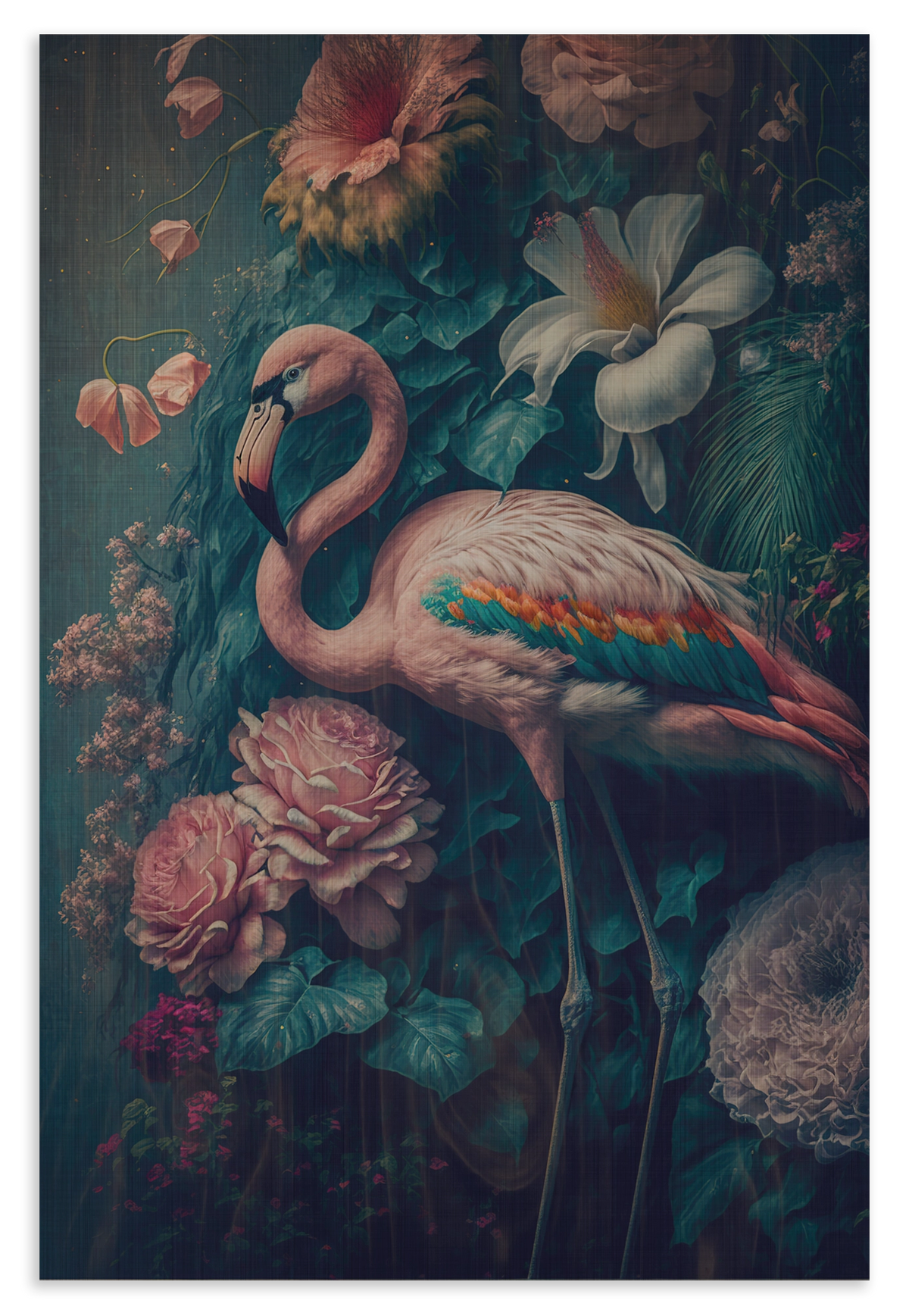 Houten wanddecoratie Flamingo 2: roze flamingo met gekromde hals tussen bloemen en vlinders.