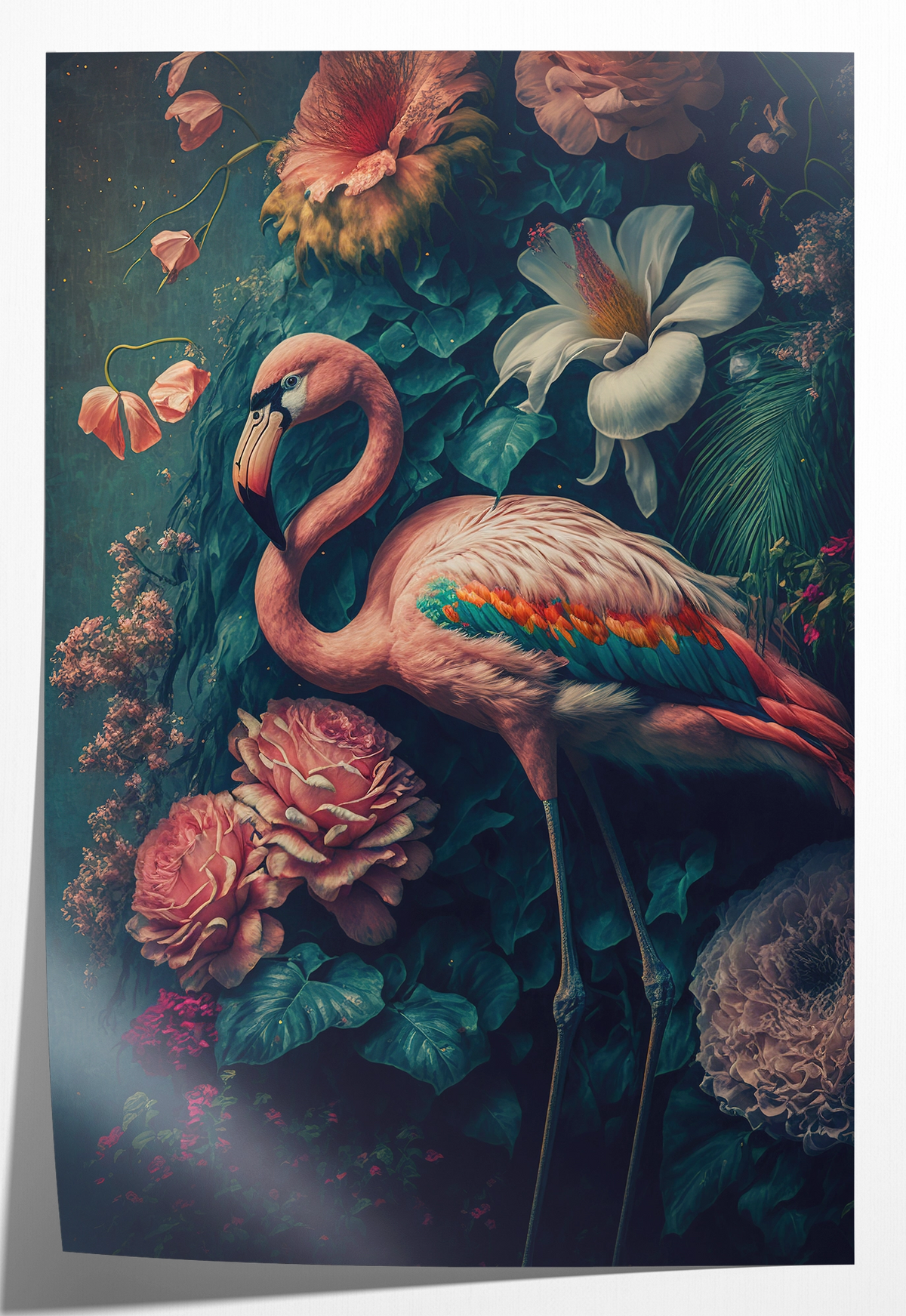 Papieren poster Flamingo 2: roze flamingo met gekromde hals tussen bloemen en vlinders.