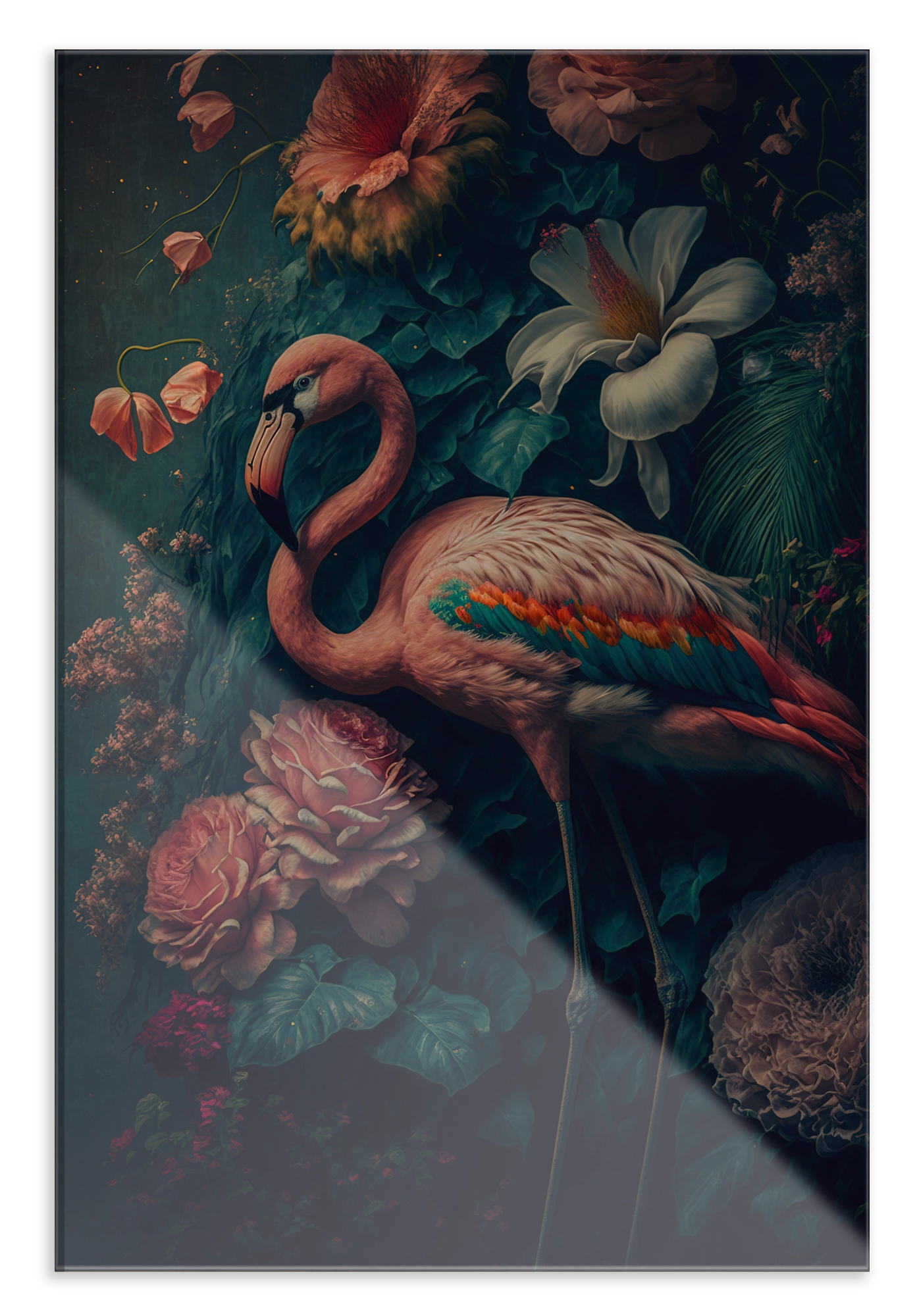 Plexiglas schilderij Flamingo 2: roze flamingo met gekromde hals tussen bloemen en vlinders.