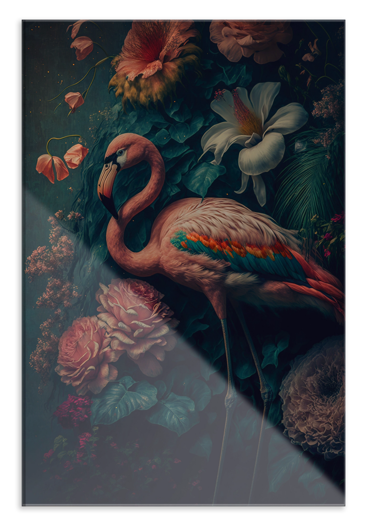 Plexiglas schilderij Flamingo 2: roze flamingo met gekromde hals tussen bloemen en vlinders.