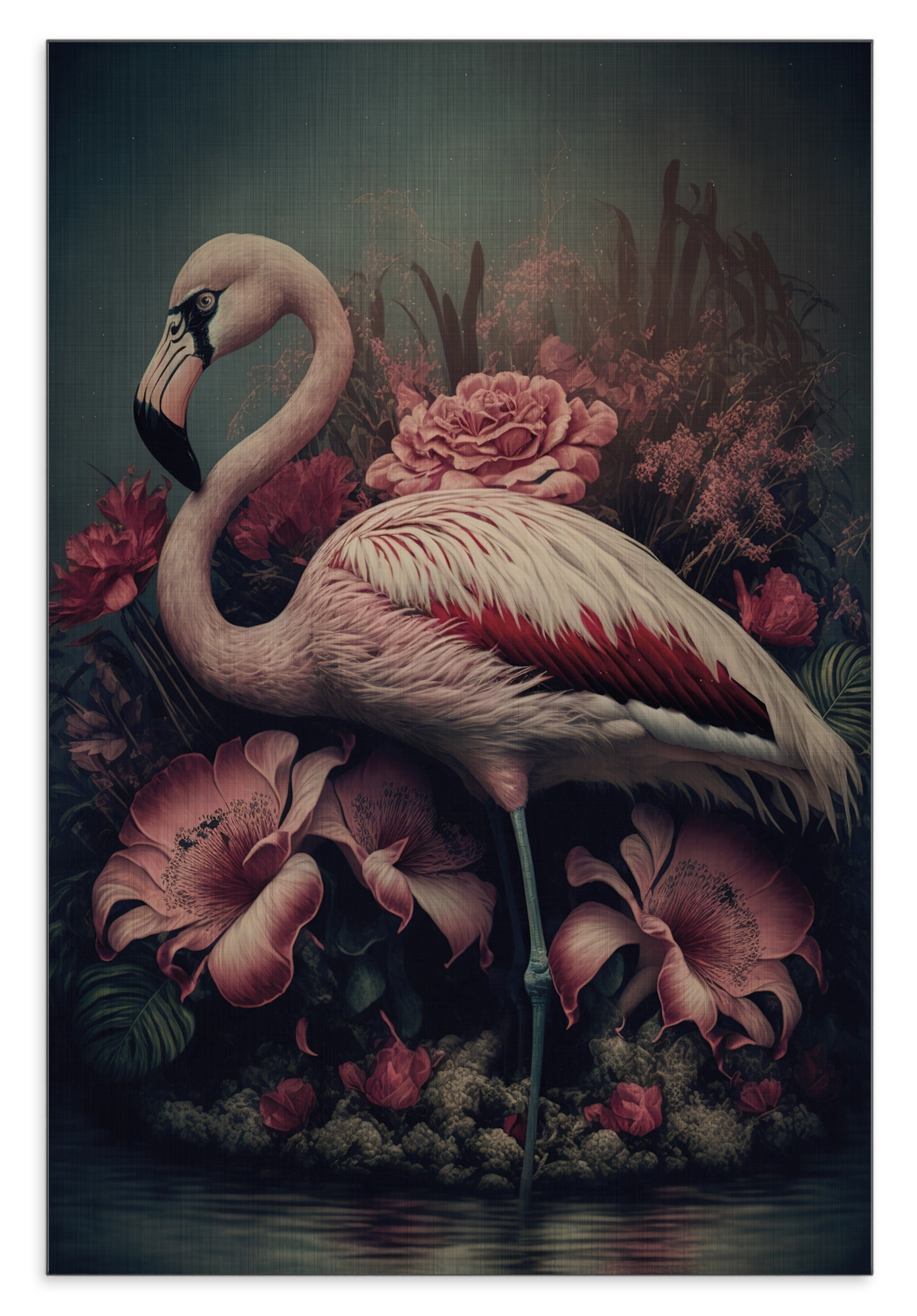 Aluminium Dibond schilderij Flamingo 3: roze flamingo tussen grote roze bloemen.