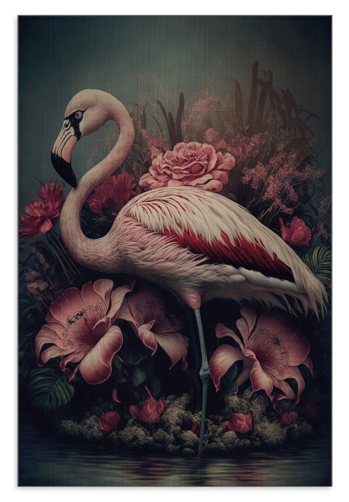 Aluminium Dibond schilderij Flamingo 3: roze flamingo tussen grote roze bloemen.