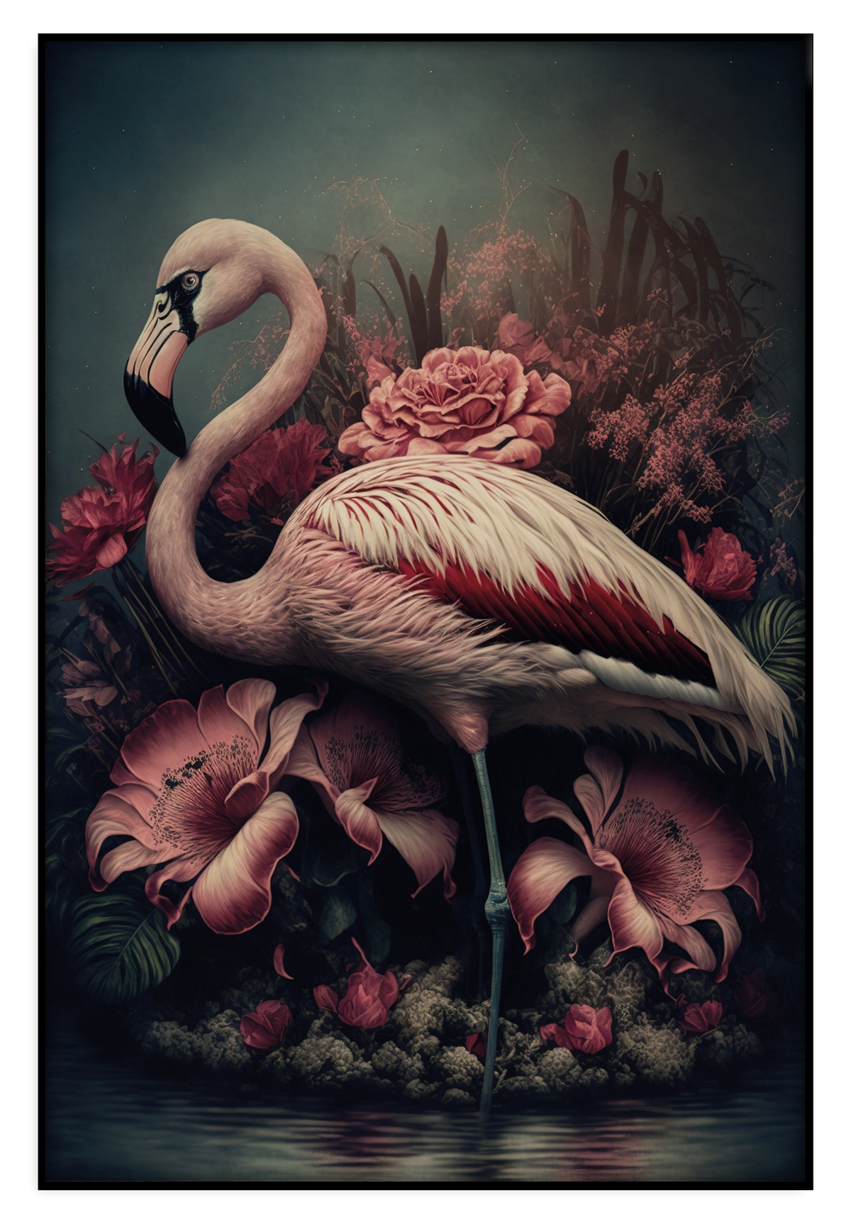 Artframe Flamingo 3: roze flamingo tussen grote roze bloemen.