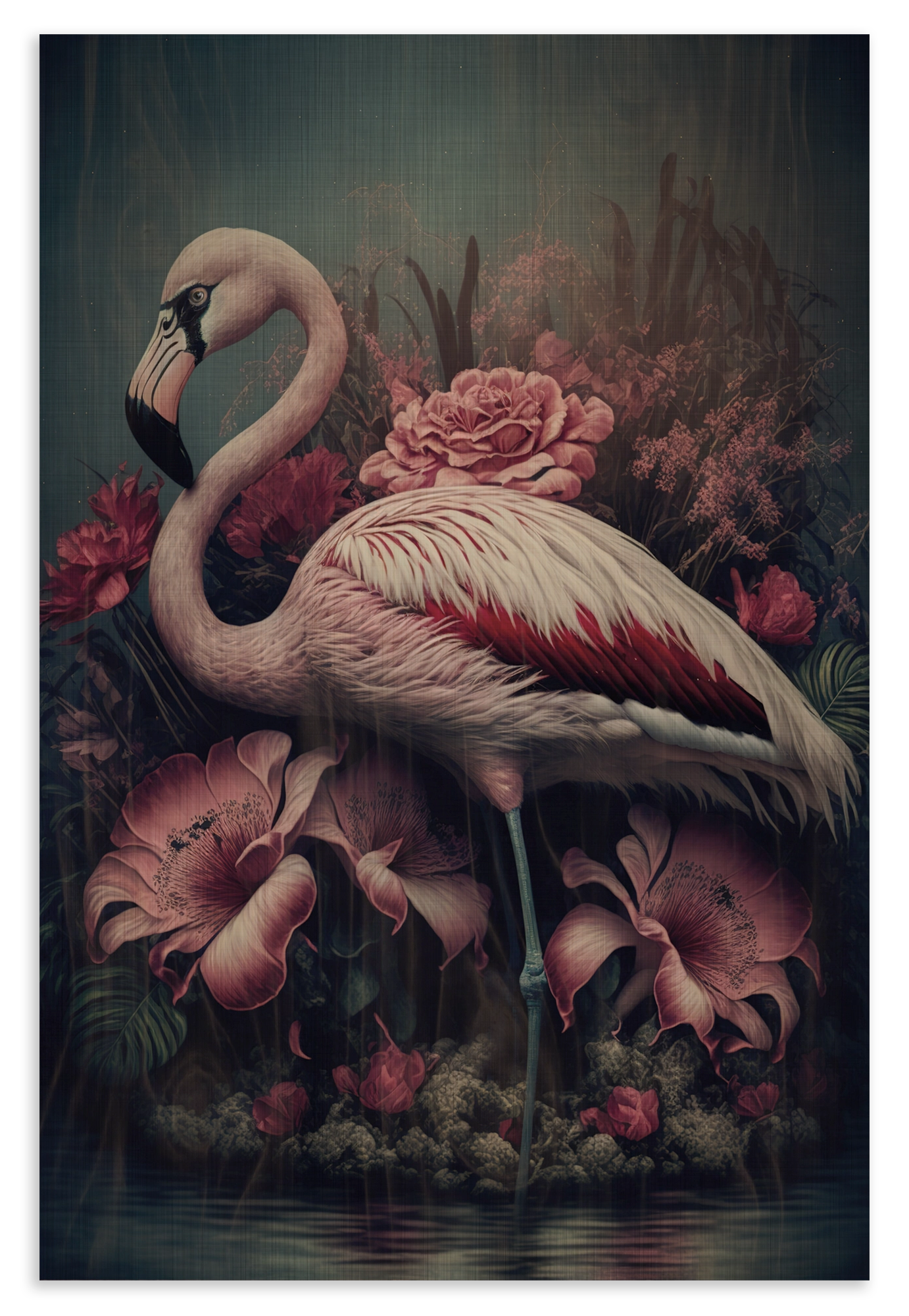 Houten wanddecoratie Flamingo 3: roze flamingo tussen grote roze bloemen.