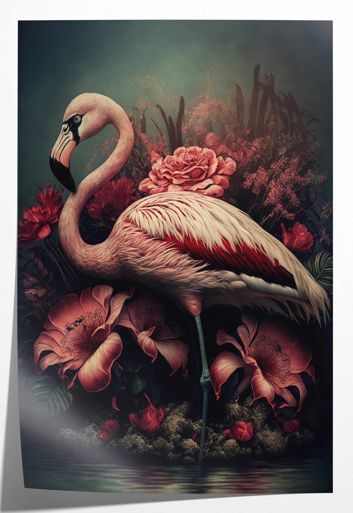Papieren poster Flamingo 3: roze flamingo tussen grote roze bloemen.