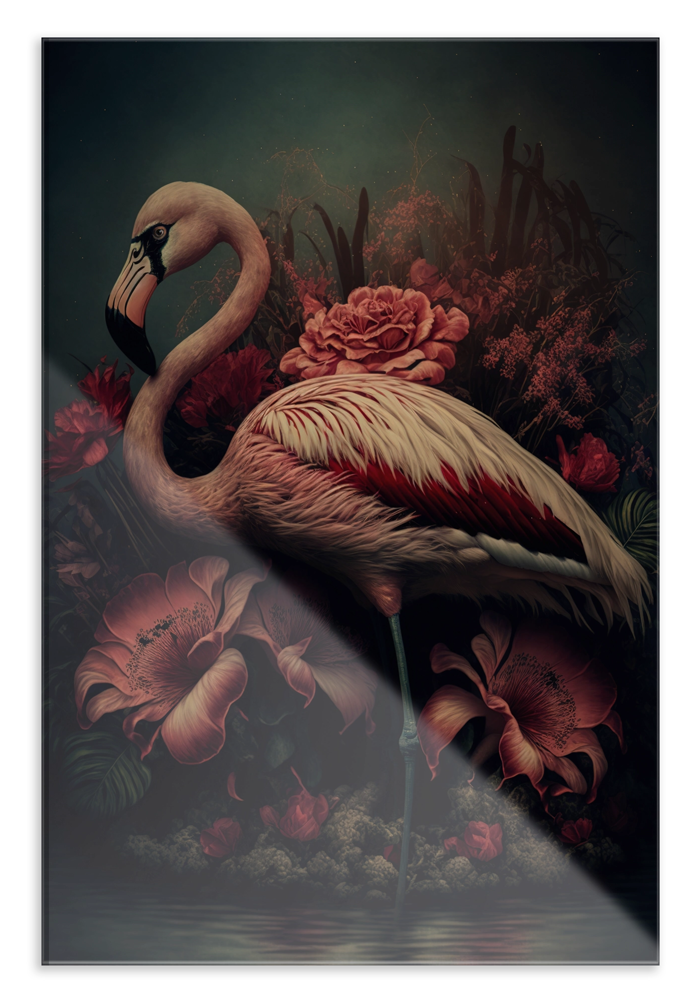 Plexiglas schilderij Flamingo 3: roze flamingo tussen grote roze bloemen.