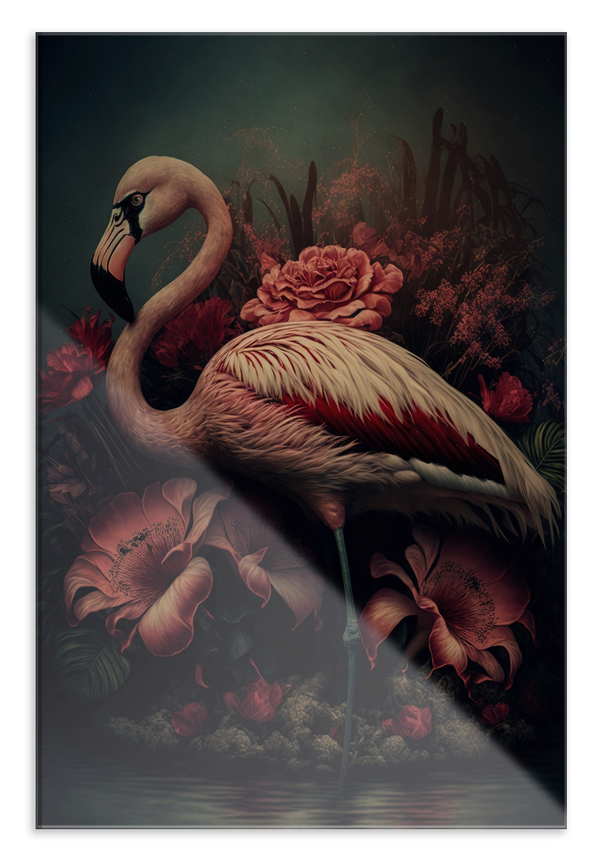 Plexiglas schilderij Flamingo 3: roze flamingo tussen grote roze bloemen.