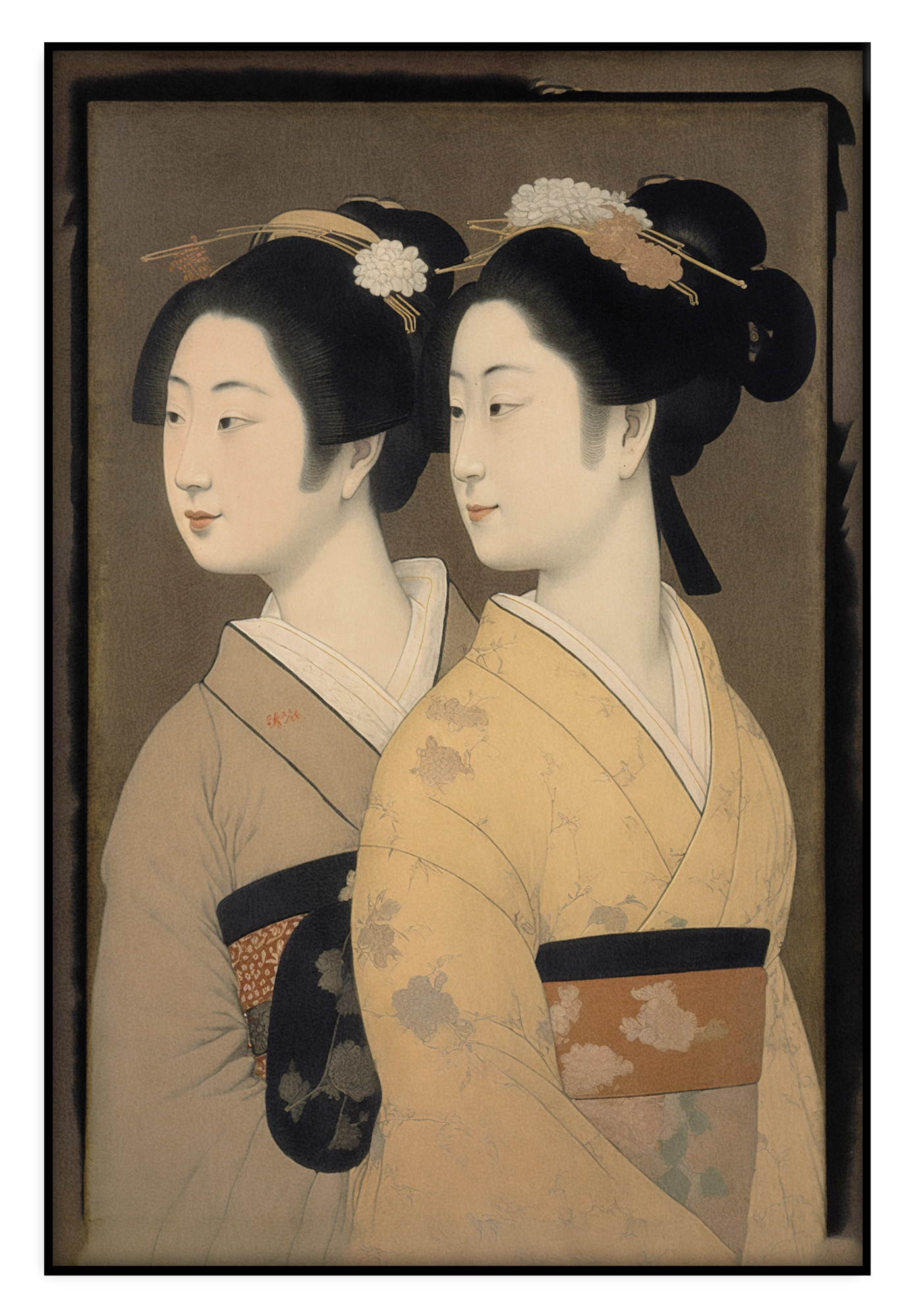 Akoestisch paneel Geisha's: twee vrouwen in kimono in Japanse prentstijl.