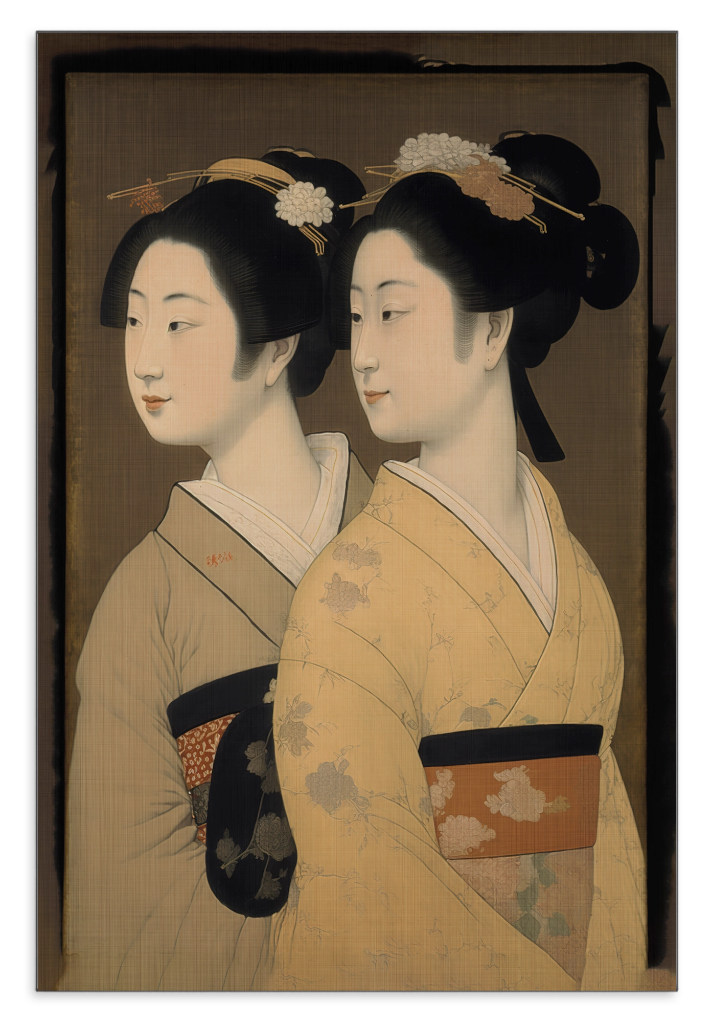 Aluminium Dibond schilderij Geisha's: twee vrouwen in kimono in Japanse prentstijl.
