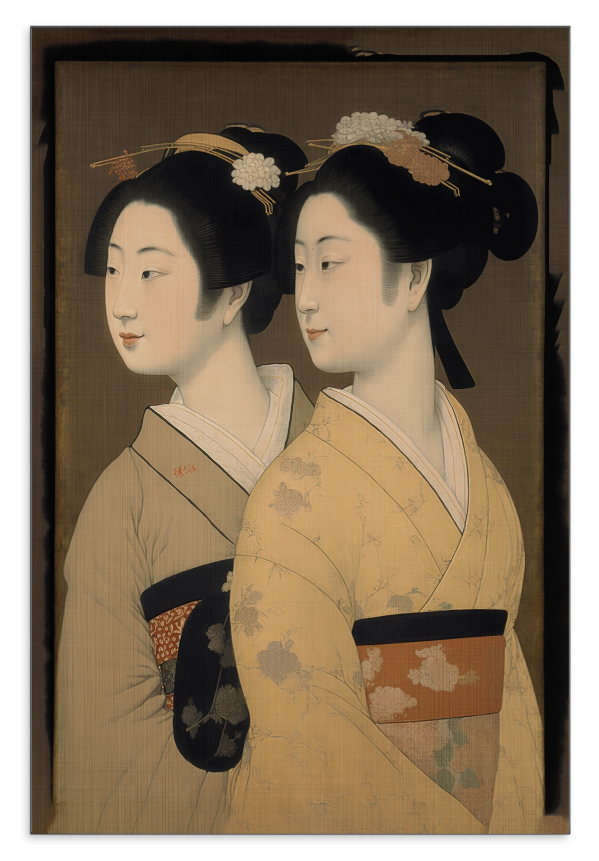 Aluminium Dibond schilderij Geisha's: twee vrouwen in kimono in Japanse prentstijl.