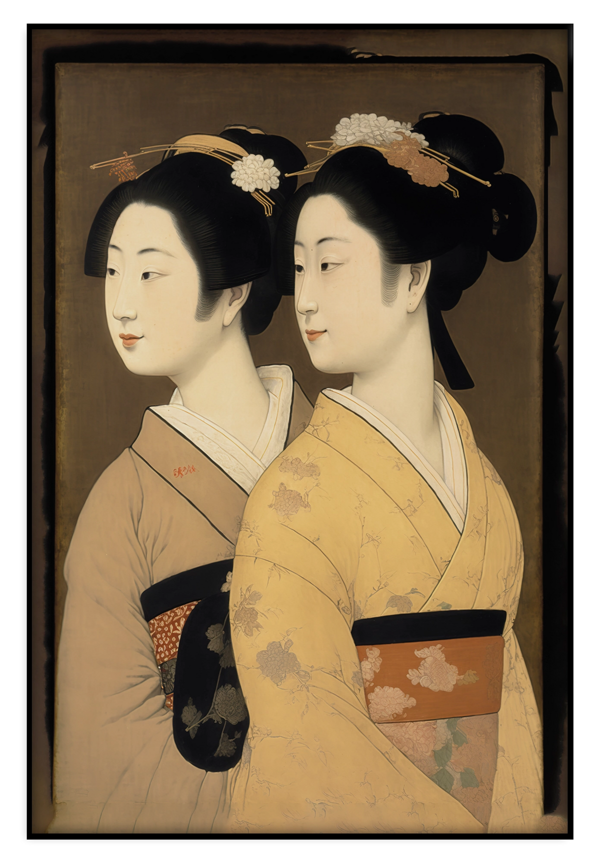 Artframe Geisha's: twee vrouwen in kimono in Japanse prentstijl.
