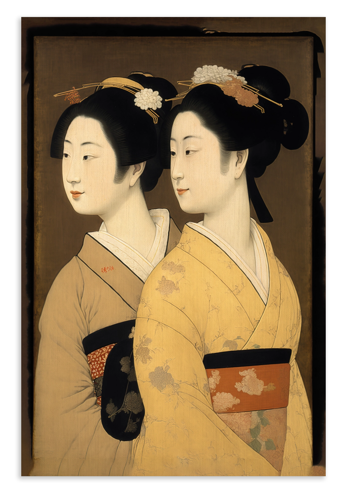 Canvas schilderij Geisha's: twee vrouwen in kimono in Japanse prentstijl.