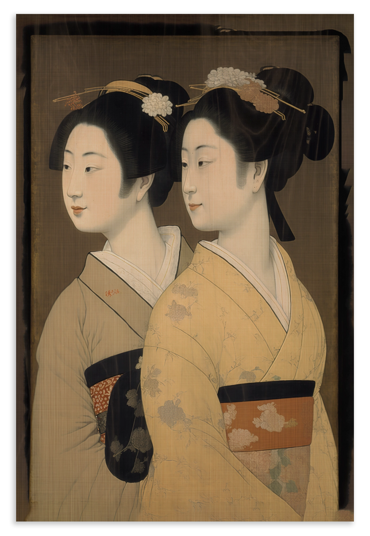 Houten wanddecoratie Geisha's: twee vrouwen in kimono in Japanse prentstijl.
