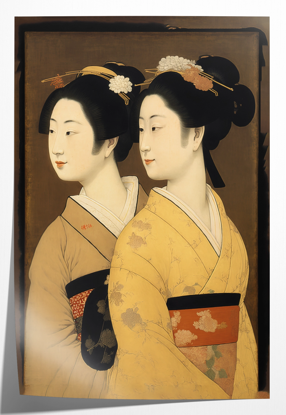Papieren poster Geisha's: twee vrouwen in kimono in Japanse prentstijl.