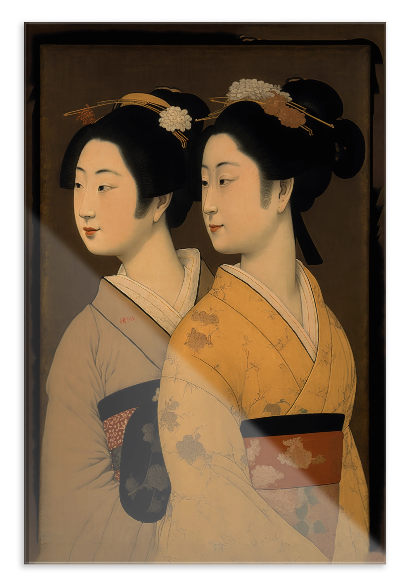 Plexiglas schilderij Geisha's: twee vrouwen in kimono in Japanse prentstijl.