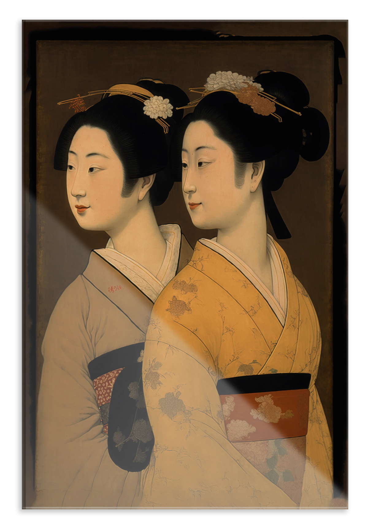Plexiglas schilderij Geisha's: twee vrouwen in kimono in Japanse prentstijl.