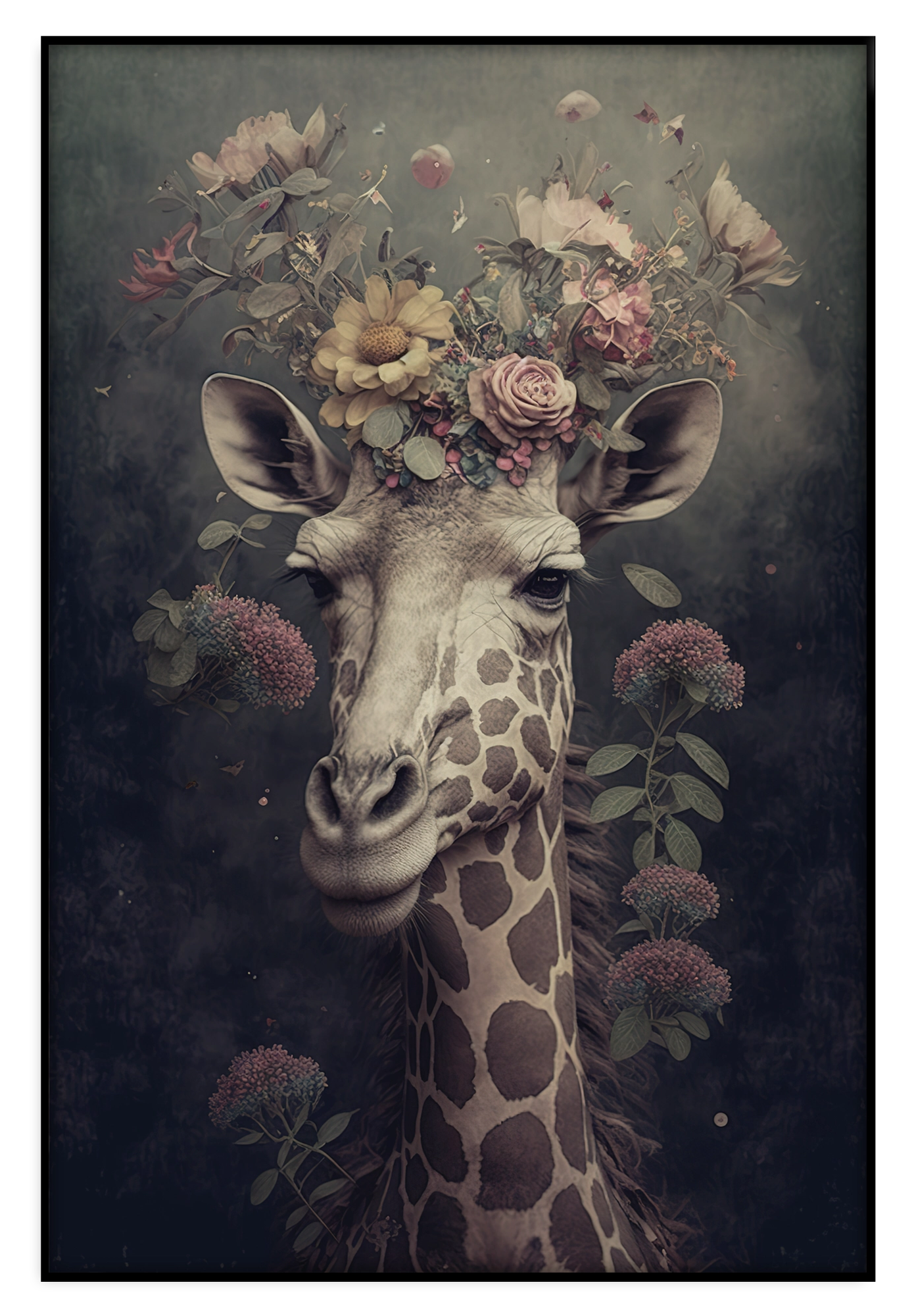 Artframe Giraf: giraf met een kroon van roze bloemen.