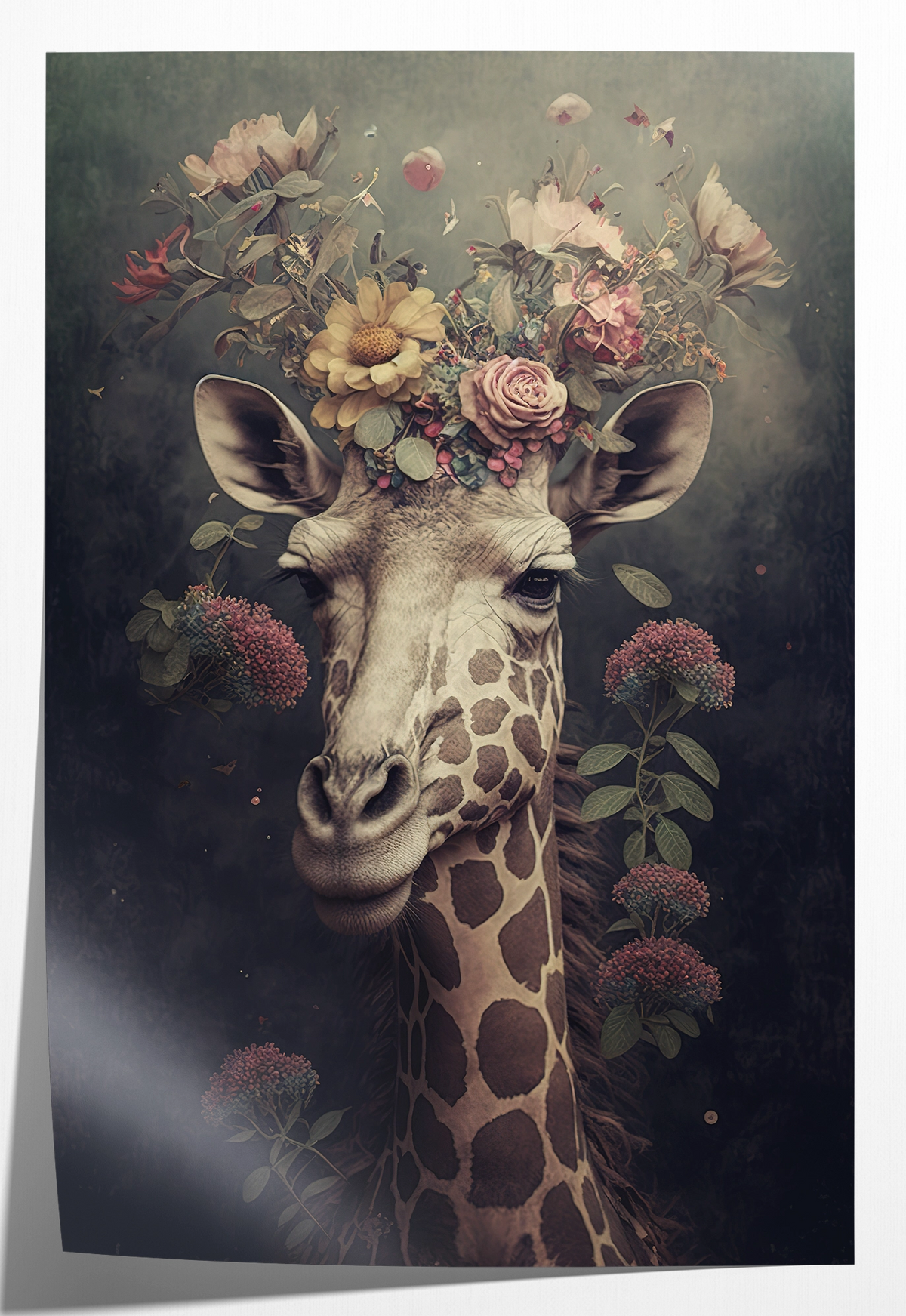 Papieren poster Giraf: giraf met een kroon van roze bloemen.