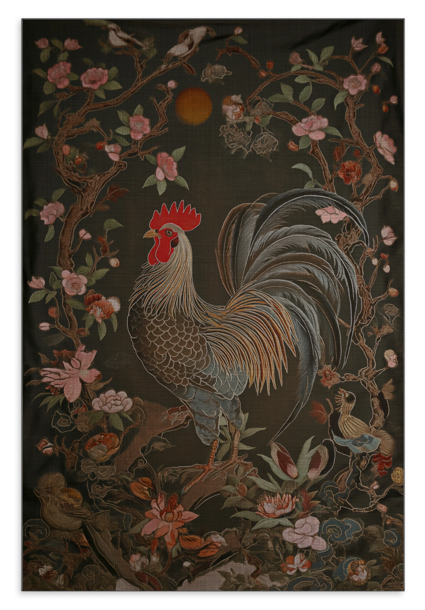 Aluminium Dibond schilderij Rooster: haan tussen roze bloemen en groene bladeren.