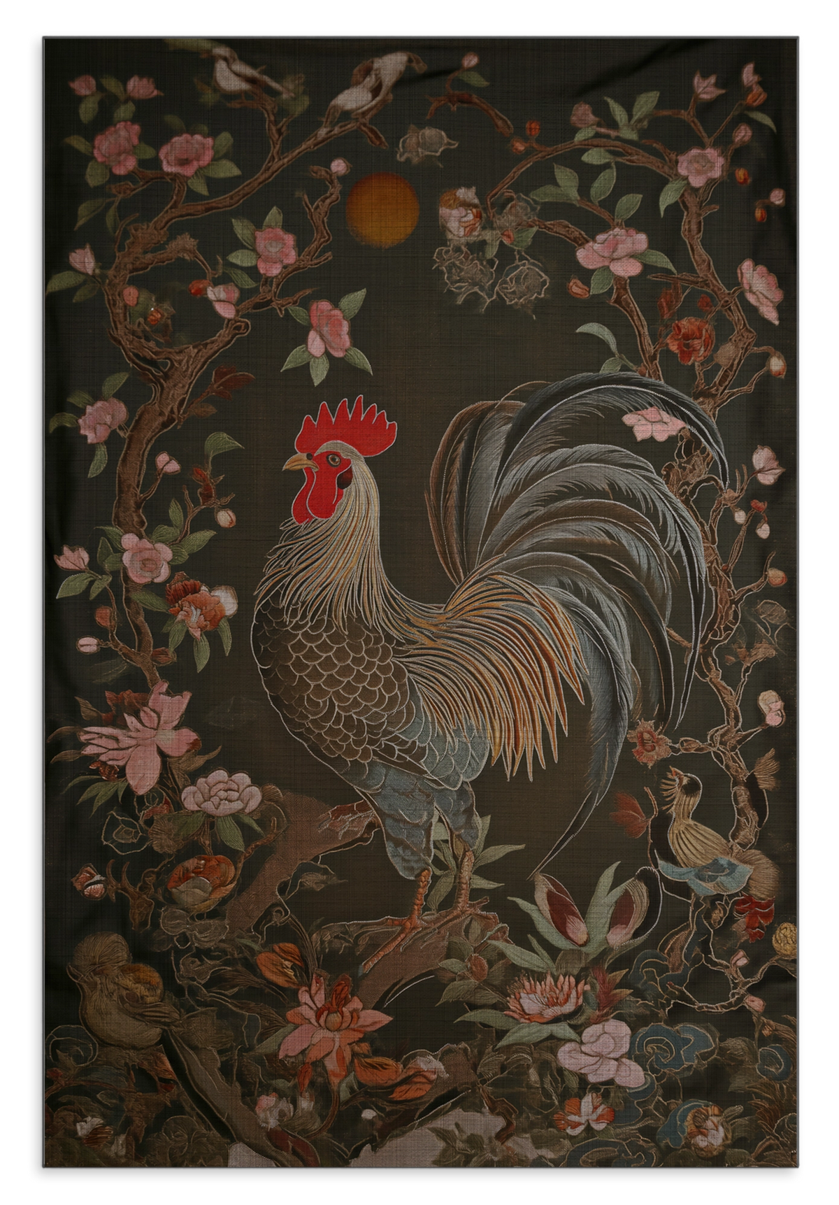 Aluminium Dibond schilderij Rooster: haan tussen roze bloemen en groene bladeren.
