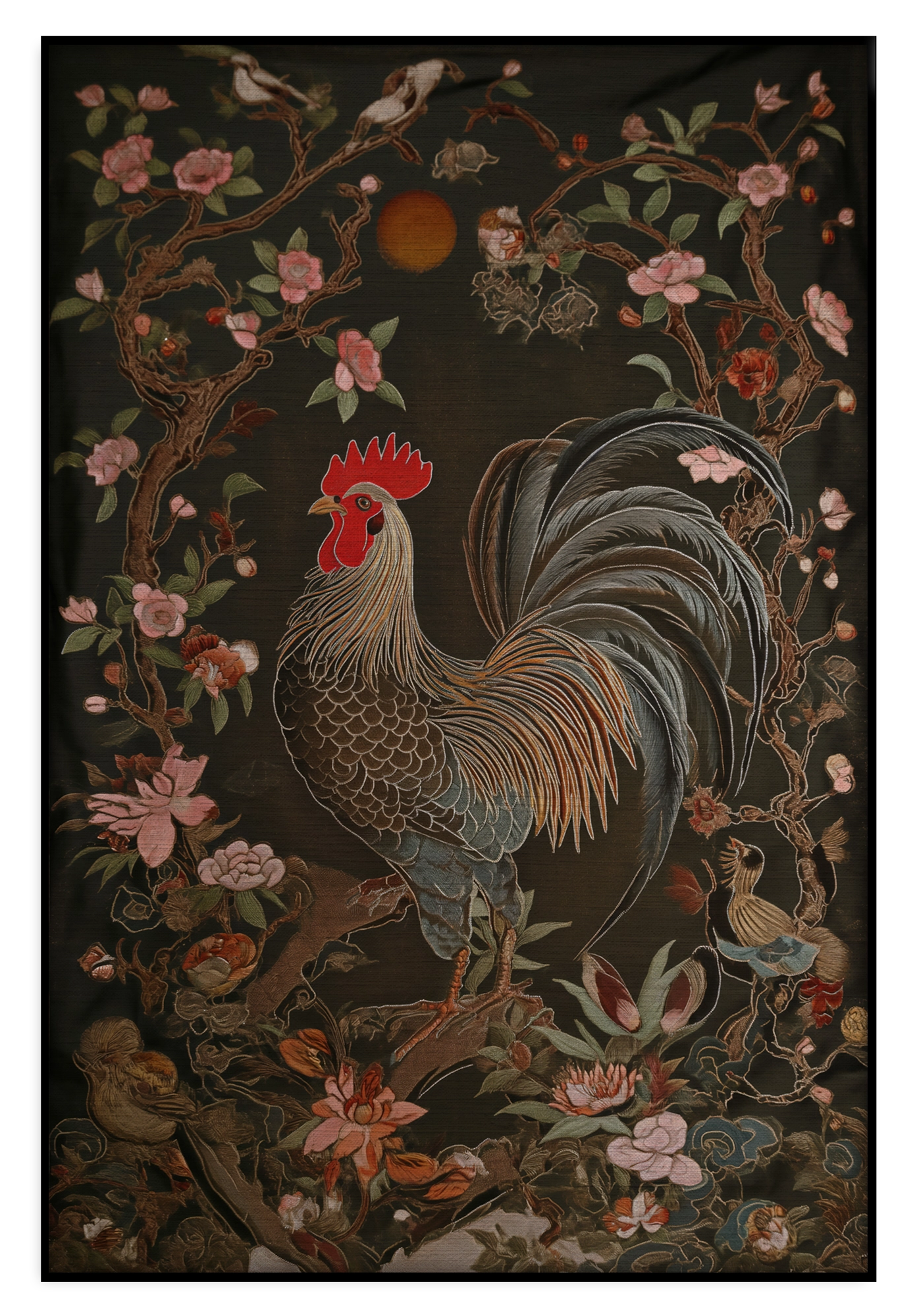 Artframe Rooster: haan tussen roze bloemen en groene bladeren.