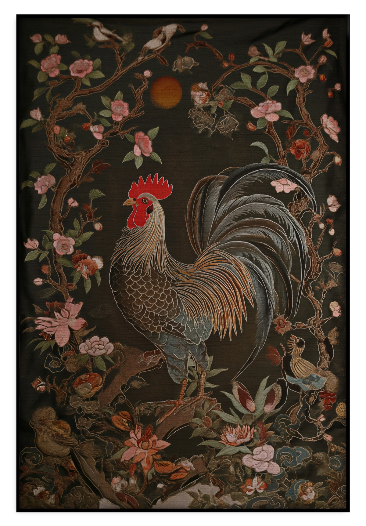 Artframe Rooster: haan tussen roze bloemen en groene bladeren.