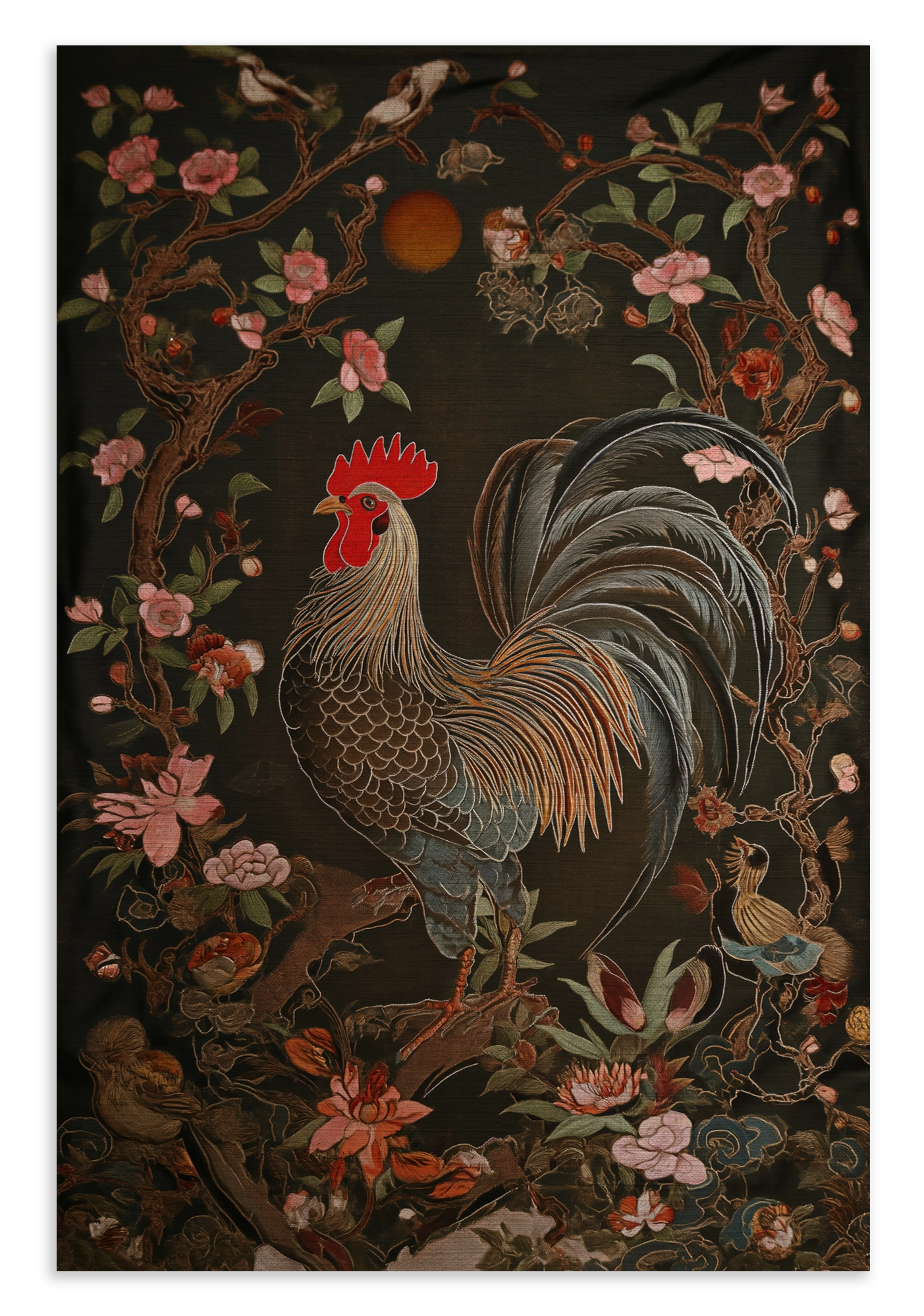 Canvas schilderij Rooster: haan tussen roze bloemen en groene bladeren.