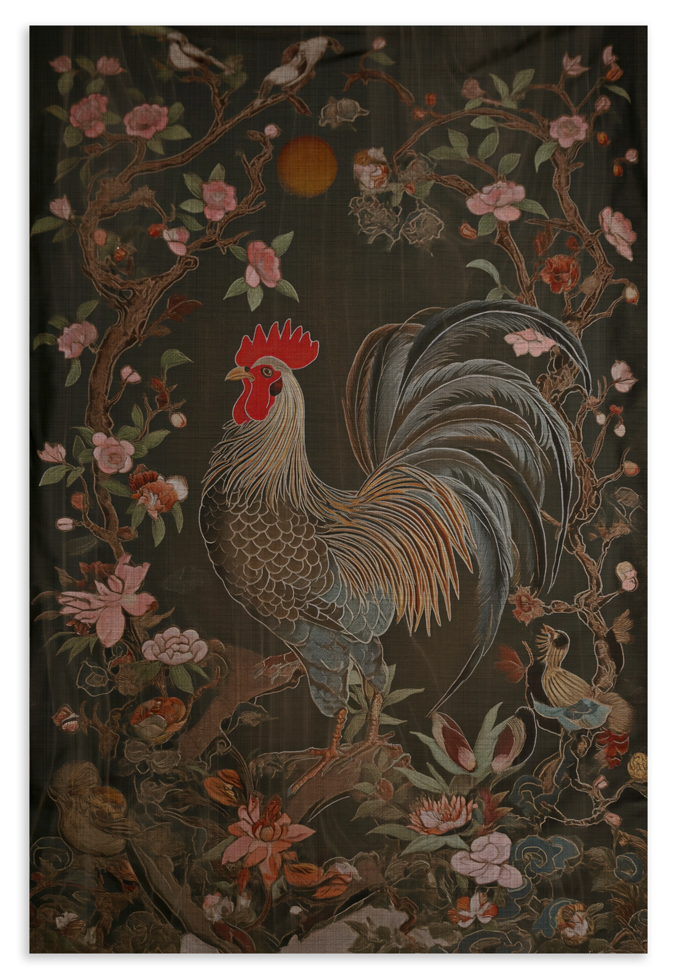 Houten wanddecoratie Rooster: haan tussen roze bloemen en groene bladeren.